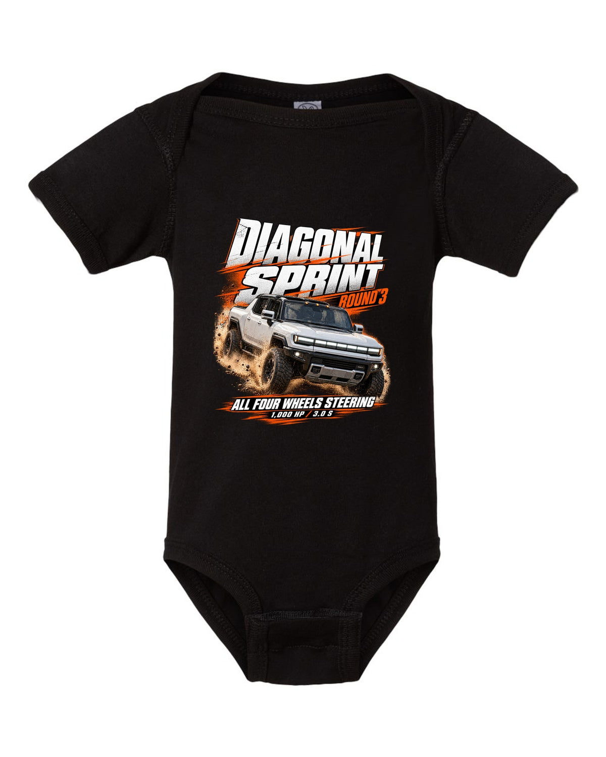 Race poster print of a 2022 GMC Hummer EV pickup EV3X with diagonal sprint text black baby onesie front view with the design