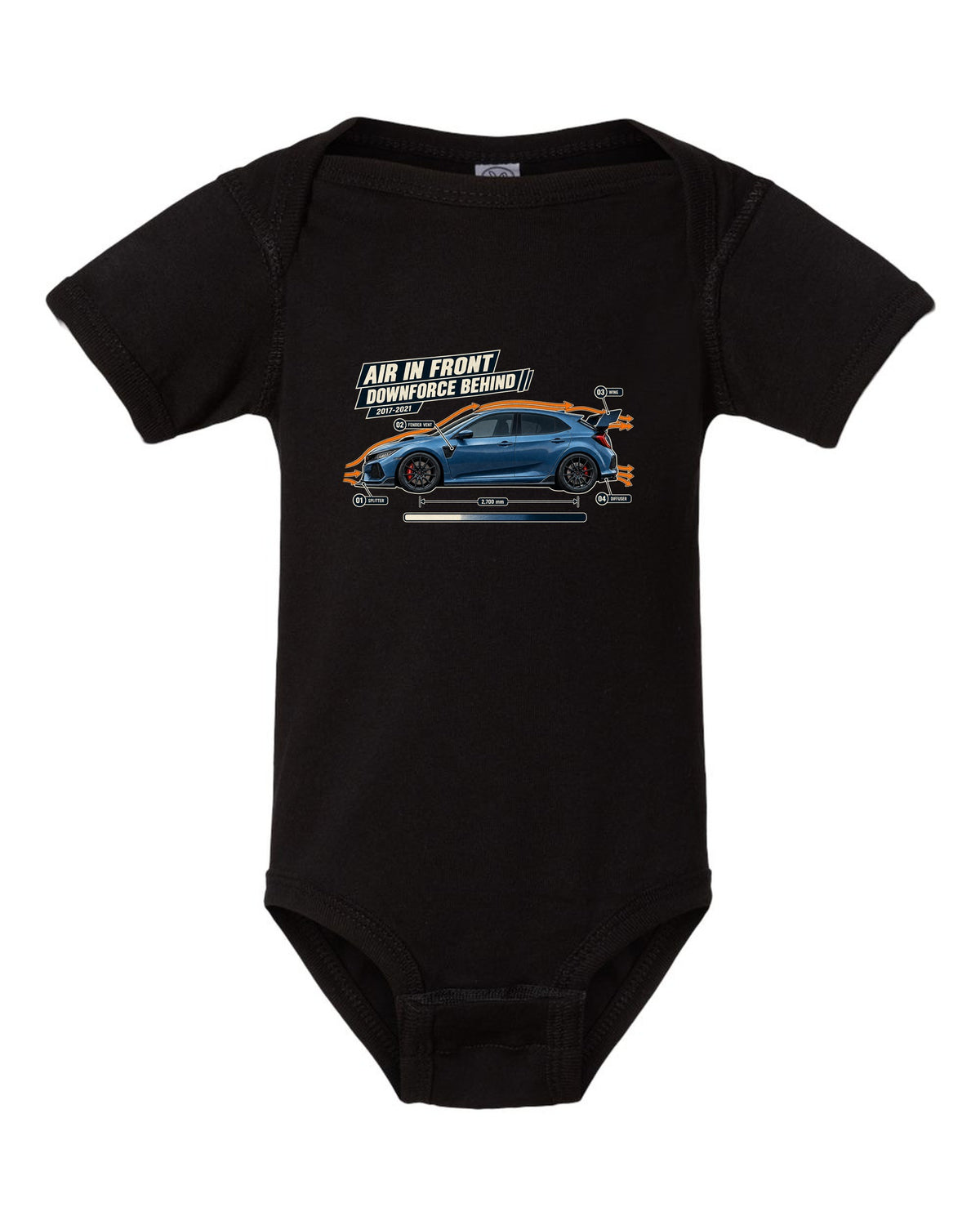 print aero callout drawing of a Boost Blue Honda Civic Type R FK8 black baby onesie front view with the design