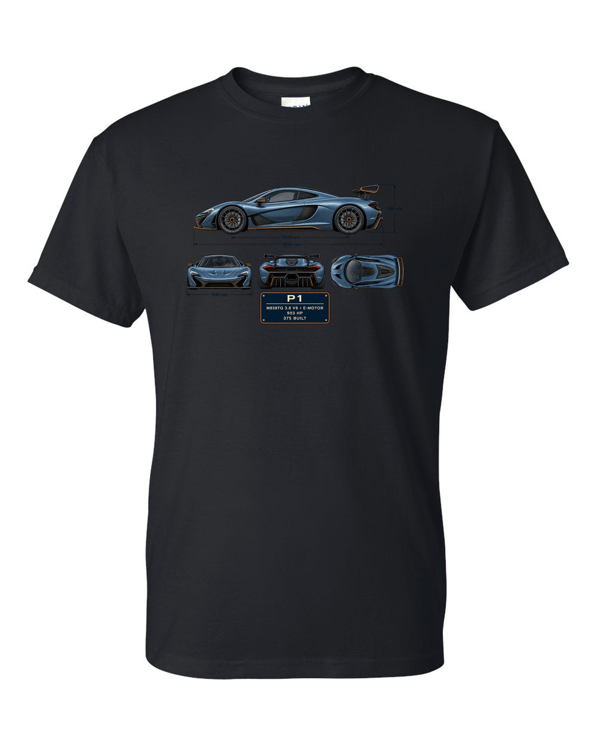 Steel blue dimension blueprint print of a McLaren P1, M838TQ V8 plus e-motor black t-shirt front view with the design
