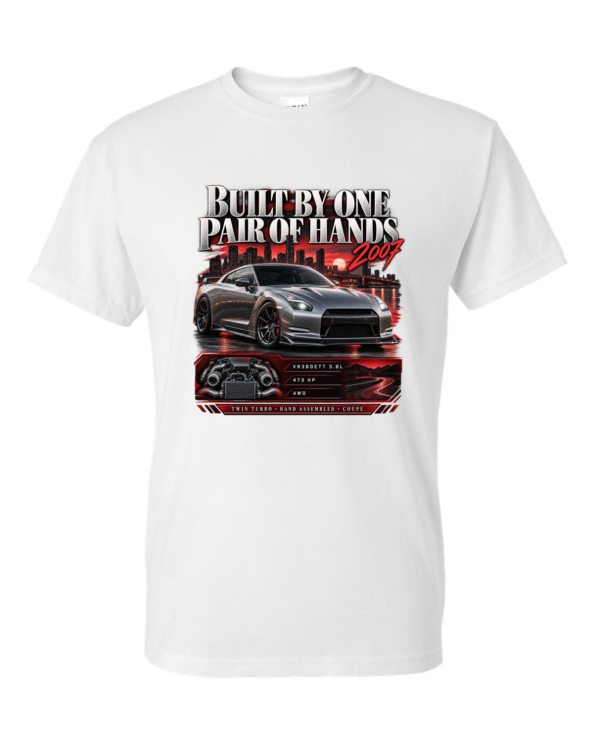 Archive panel of a Nissan GT-R R35 with VR38DETT 3.8L, 473 hp and hand assembled lettering white t-shirt front view with the design