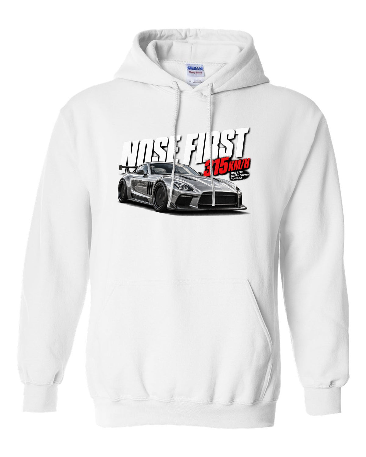 Halftone print of a Mercedes SLS AMG Black Series C197 with Nose First 315 km/h lettering white pull over hoodie front view with the design