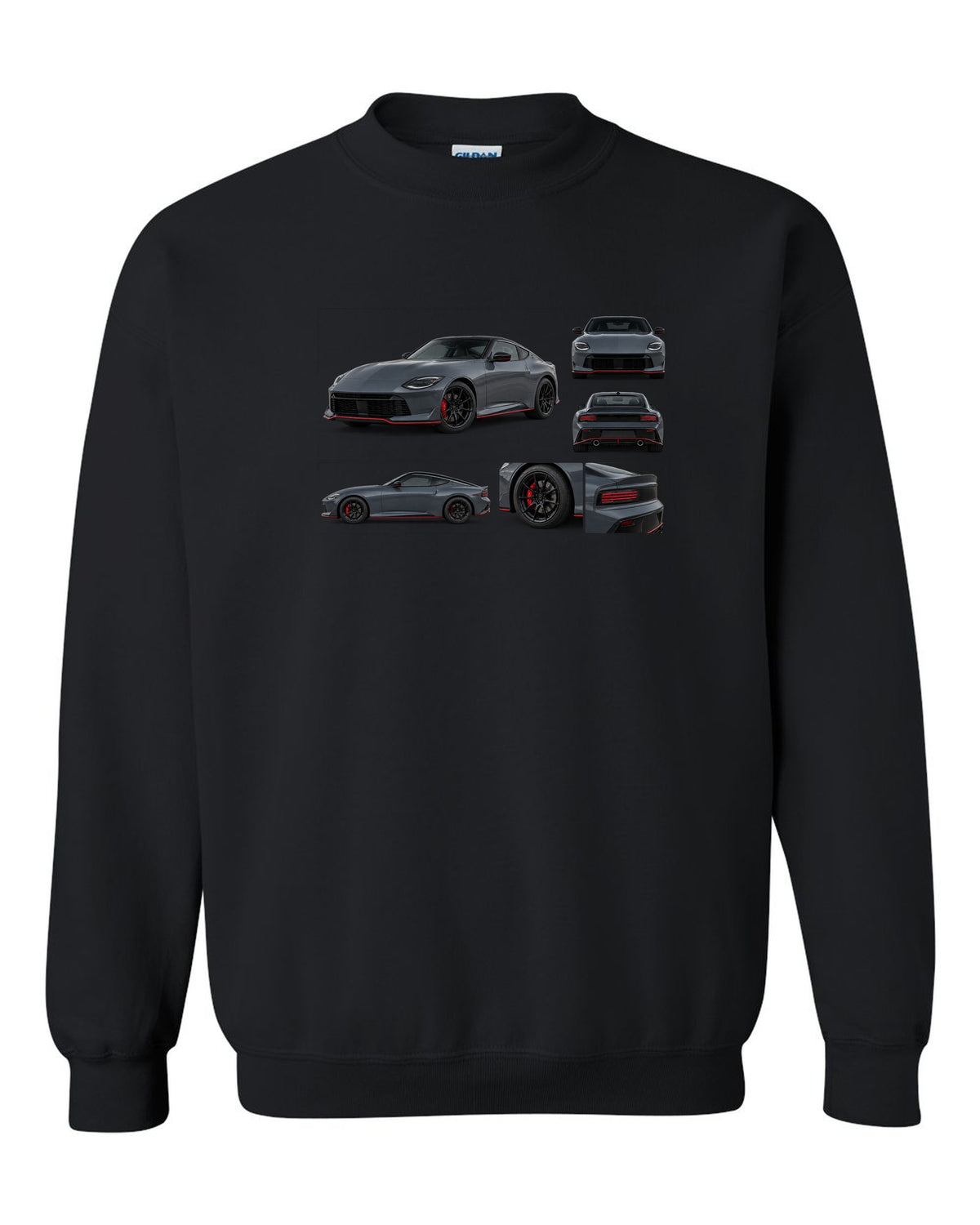 Halftone style print of a 2024 Nissan Z RZ34 Sport with VR30DDTT text black crewneck front view with the design
