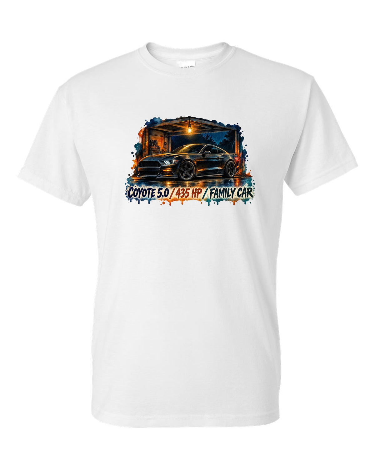 Watercolour night print of a Ford Mustang S550 GT with Coyote 5.0 435 HP family car text white t-shirt front view with the design