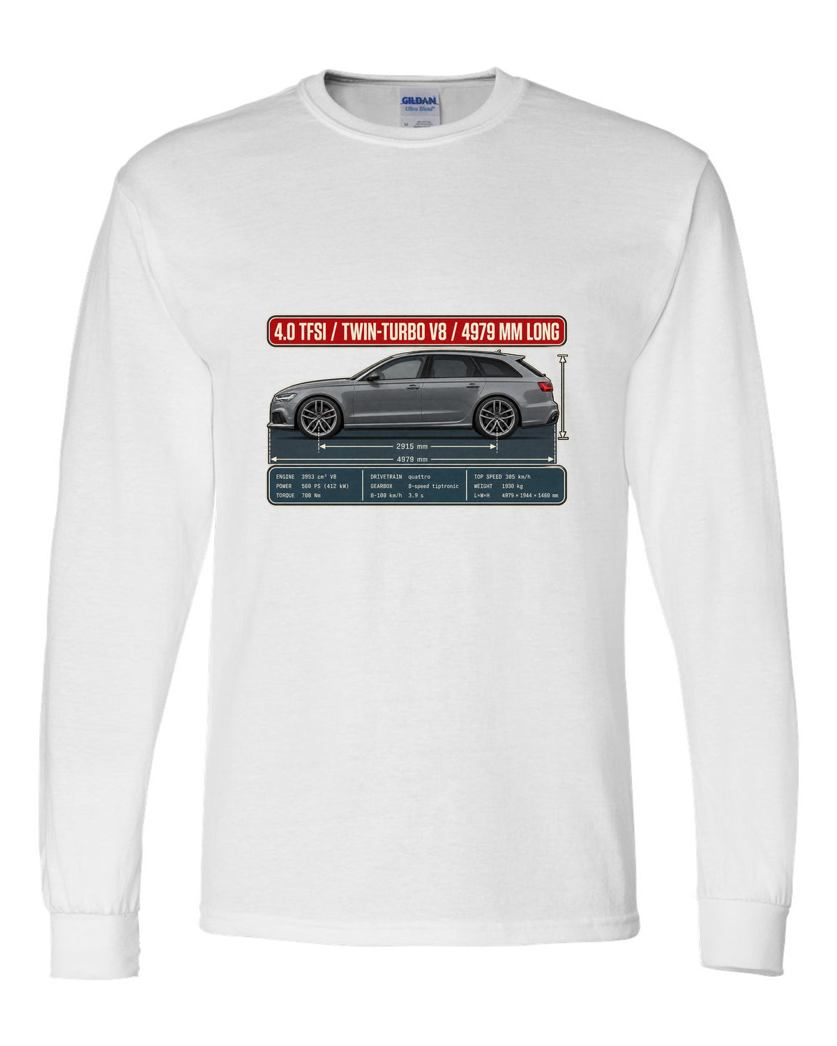 Audi RS6 Avant C7 Daytona grey dimension blueprint print white long sleeve front view with the design
