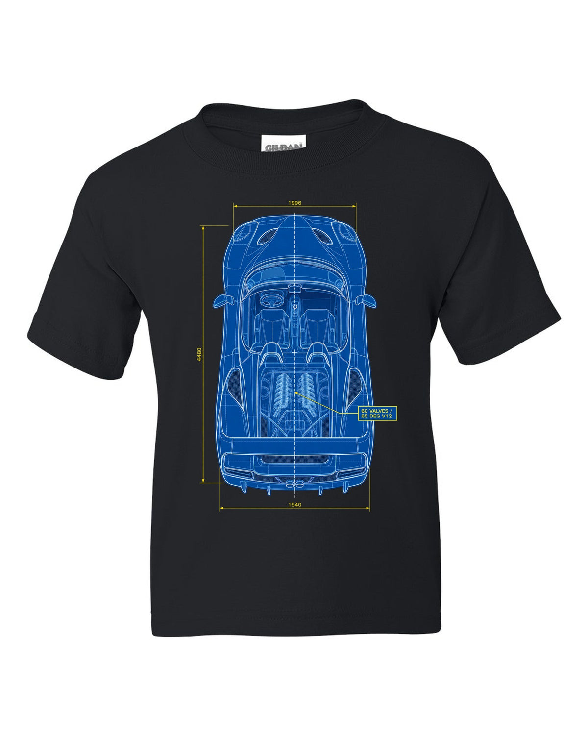 Top-down plan blueprint print of a 1995 Ferrari F50 F130 with 60 valves and 65 degree V12 text black kids tee front view with the design