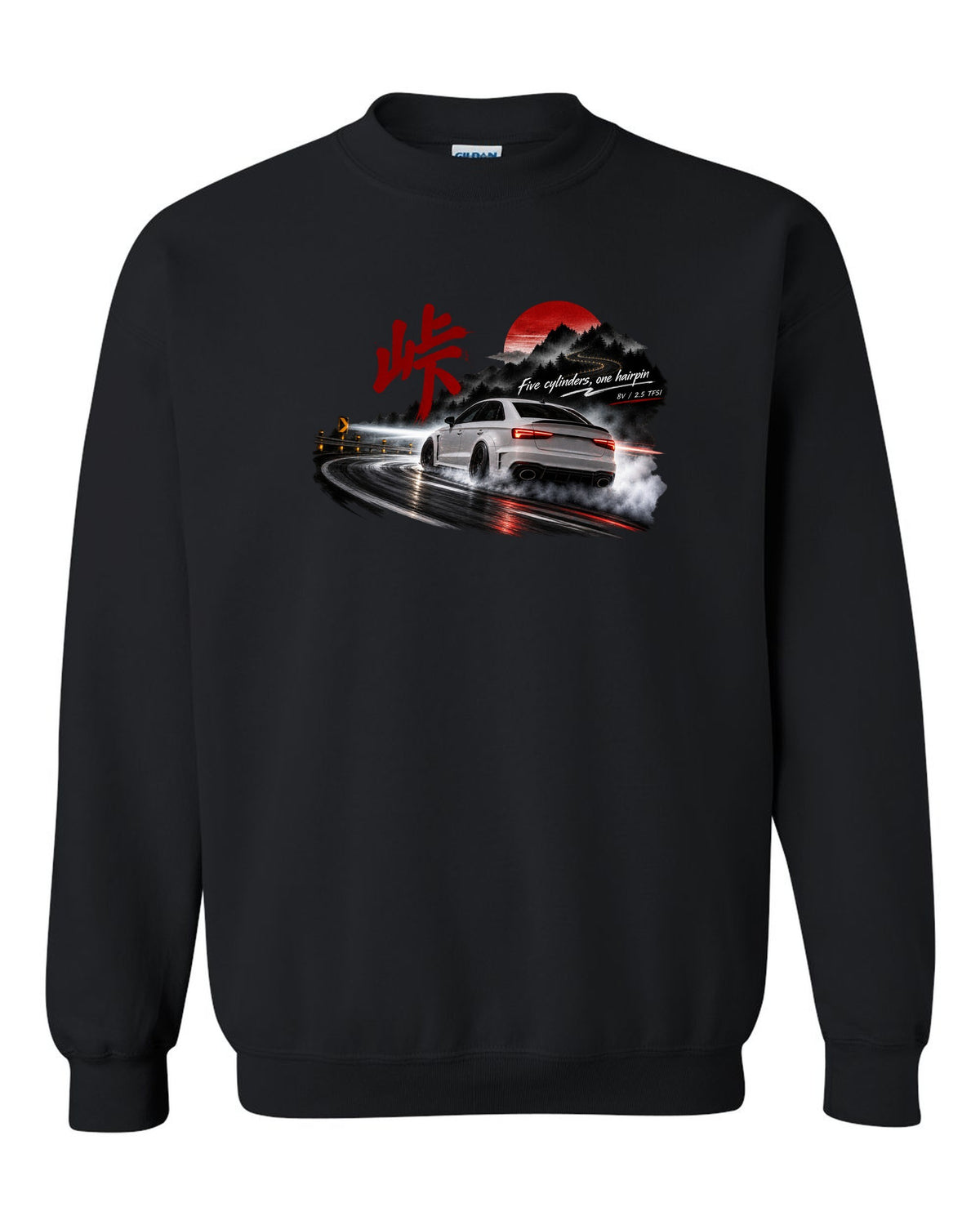 Audi RS3 8V sedan rear three-quarter sliding at night with touge kanji black crewneck front view with the design