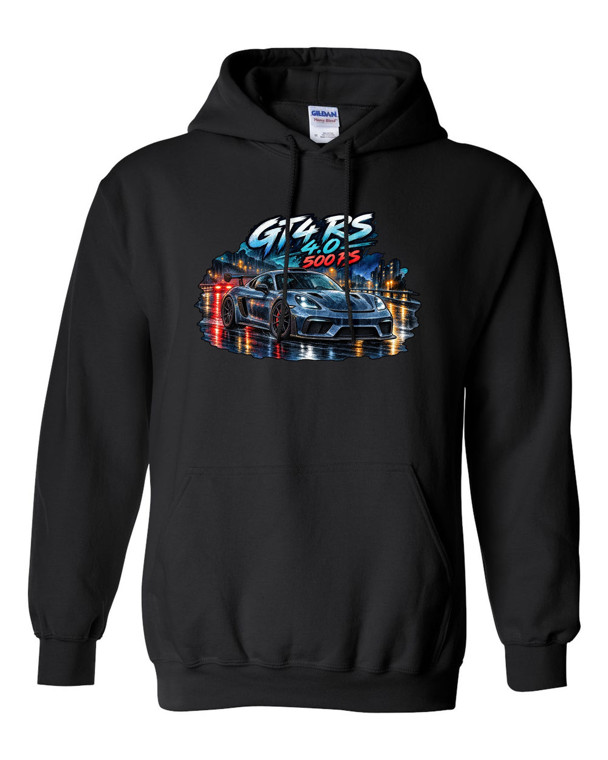 Porsche 982 Cayman GT4 RS wet road night watercolour design with 4.0 500 PS text black pull over hoodie front view with the design