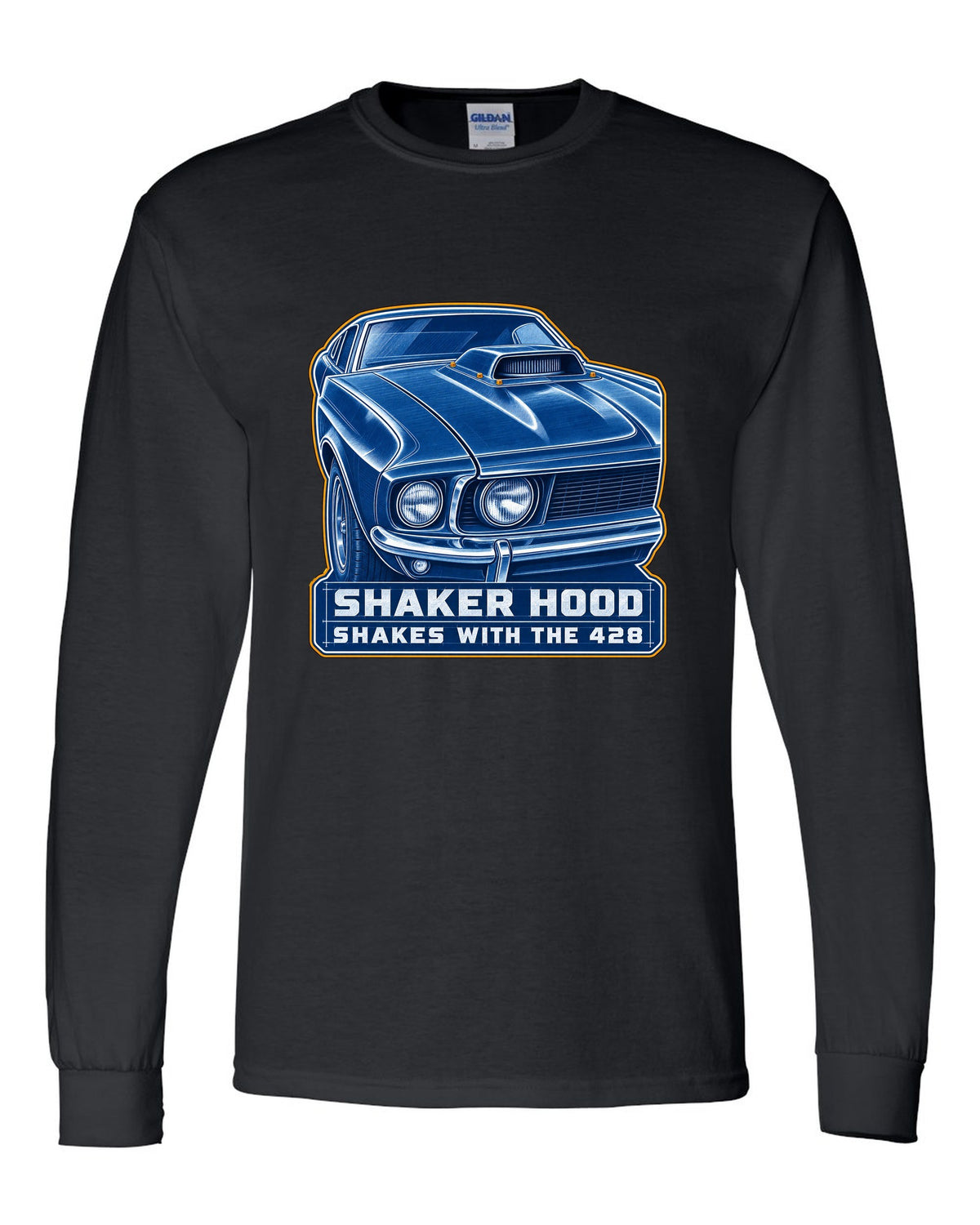 Cyanotype blueprint print of a 1969 Ford Mustang fastback shaker hood black long sleeve front view with the design