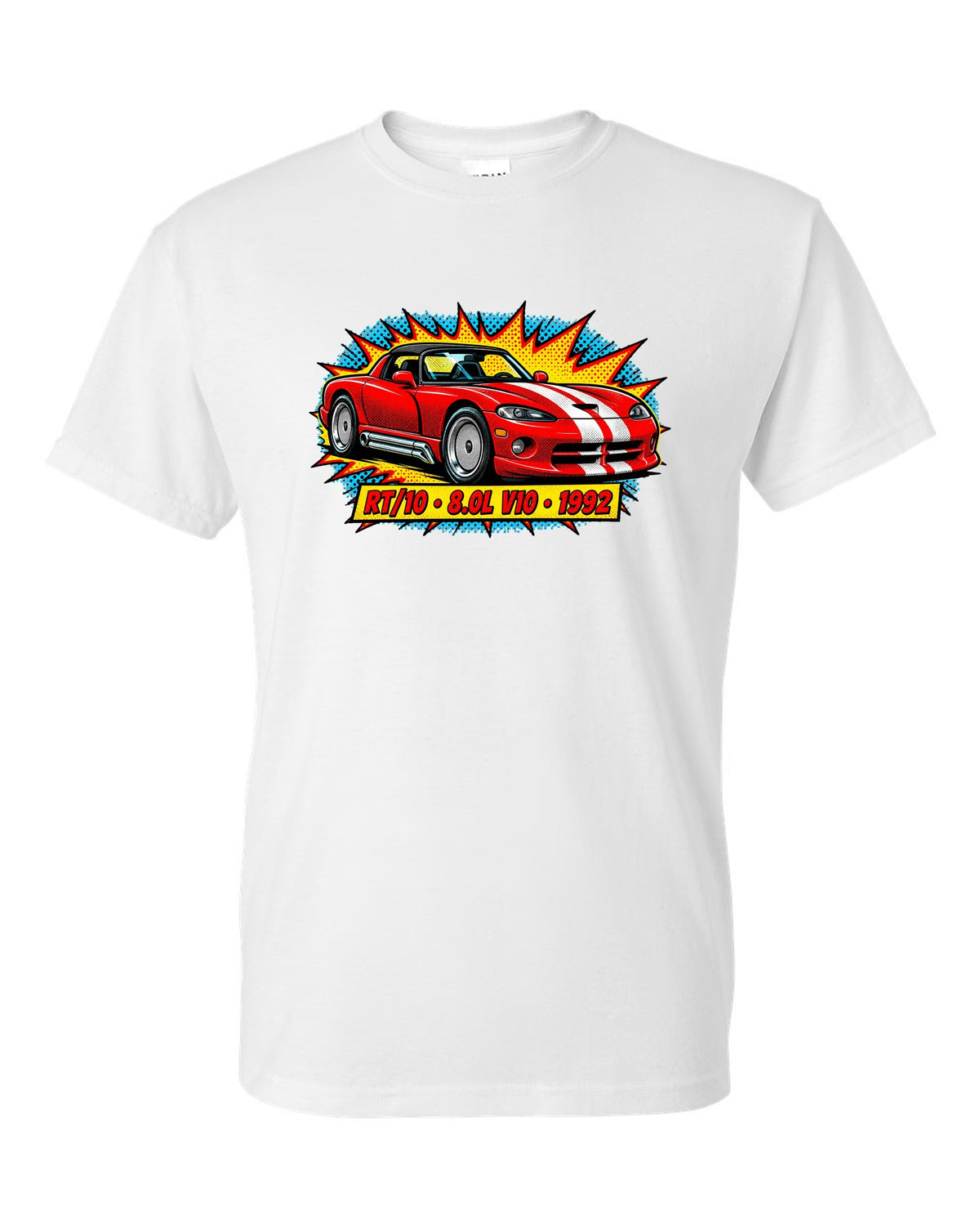 Comic halftone pop-art print of a 1992 Dodge Viper RT/10 with 8.0L V10 text white t-shirt front view with the design