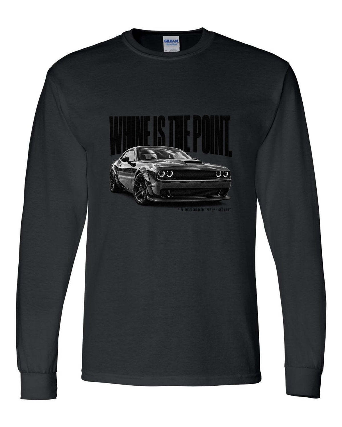 Halftone statement print of a 2018 Dodge Challenger Hellcat with whine is the point text black long sleeve front view with the design