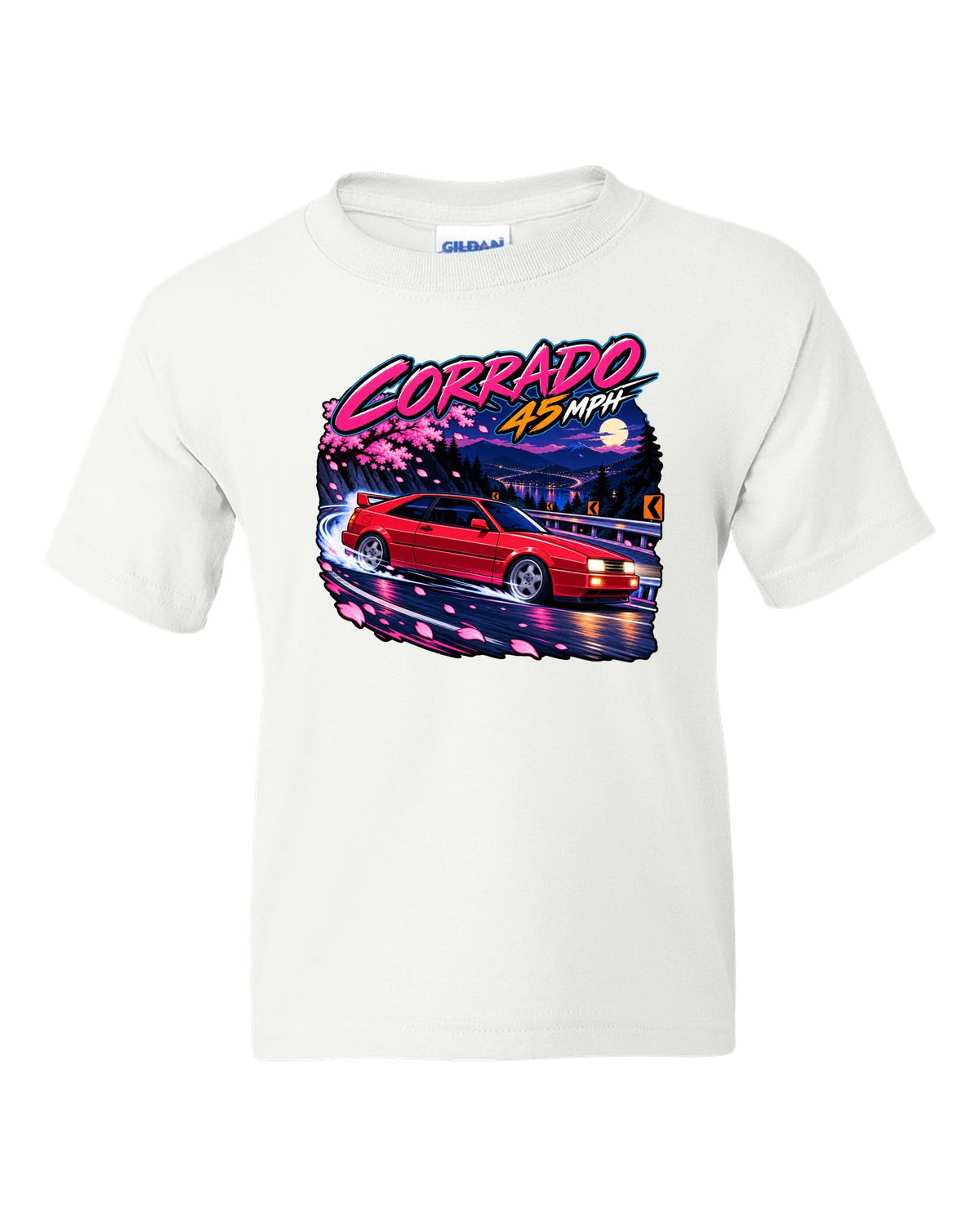 Cel-shaded anime night touge hairpin scene of a VW Corrado VR6 with Corrado 45 mph text white kids tee front view with the design