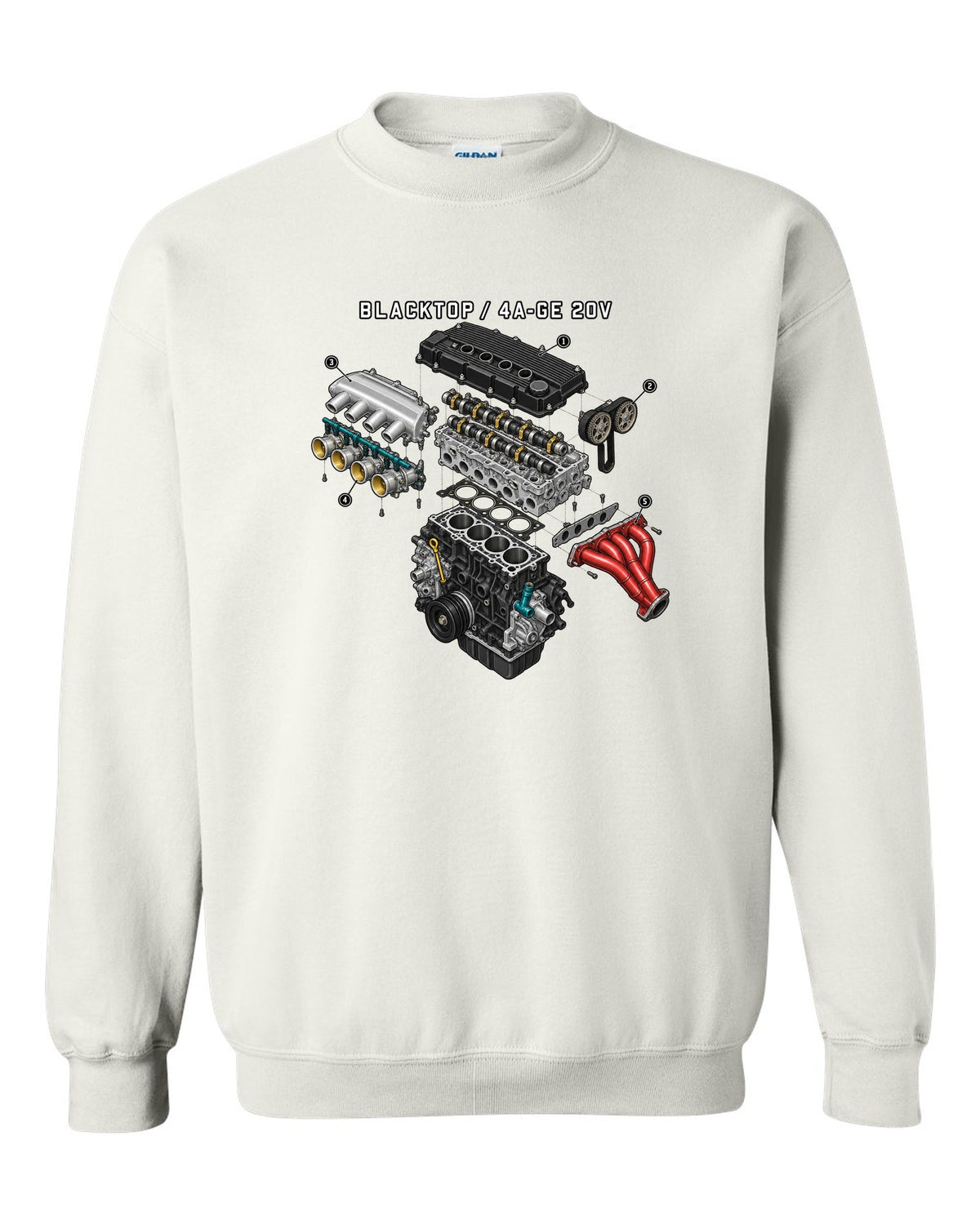 Exploded engine diagram of the blacktop 4A-GE 20V for the Toyota Corolla AE111 white crewneck front view with the design