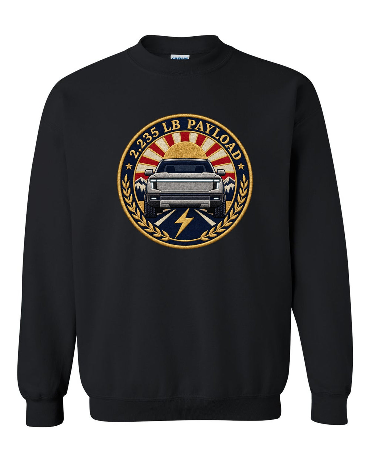 Ford F-150 Lightning embroidery-style round crest with 2,235 lb payload text black crewneck front view with the design