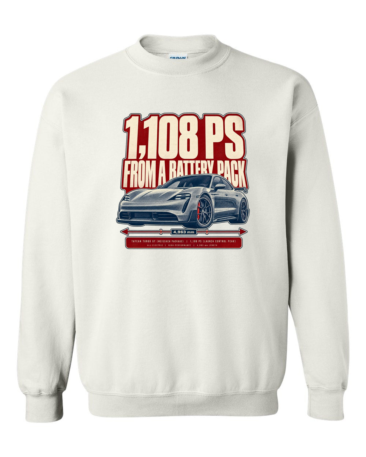 Halftone print of a low front three-quarter Porsche Taycan Turbo GT with 1,108 PS text white crewneck front view with the design