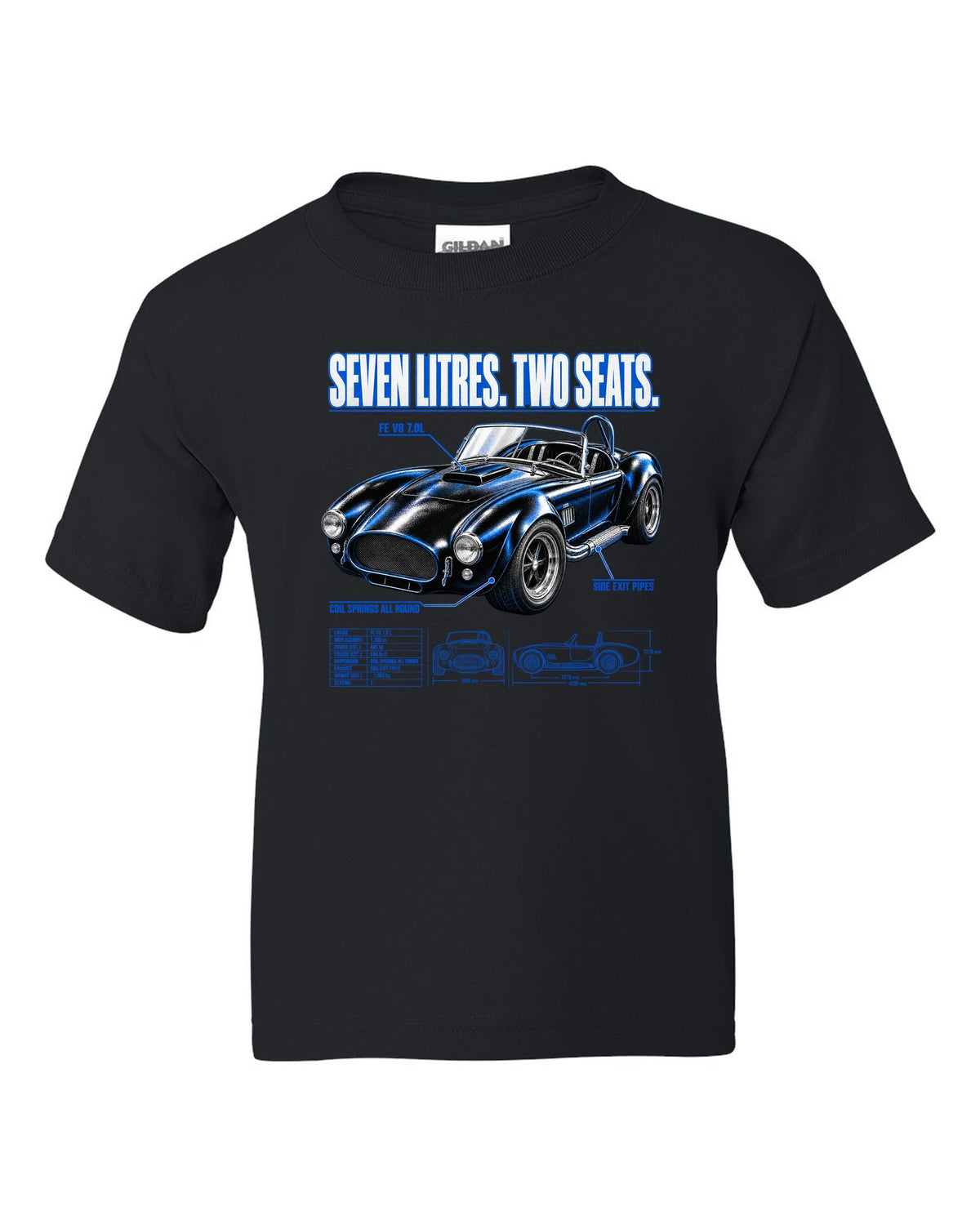 Top-down spec poster print of a 1965-1967 Shelby-style 427 roadster black kids tee front view with the design
