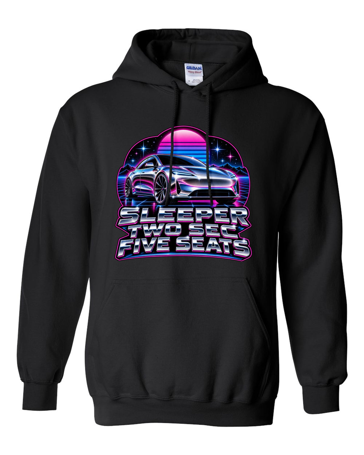 80s chrome airbrush art of a 2021 Tesla Model S Plaid with the words Sleeper Two Sec Five Seats black pull over hoodie front view with the design