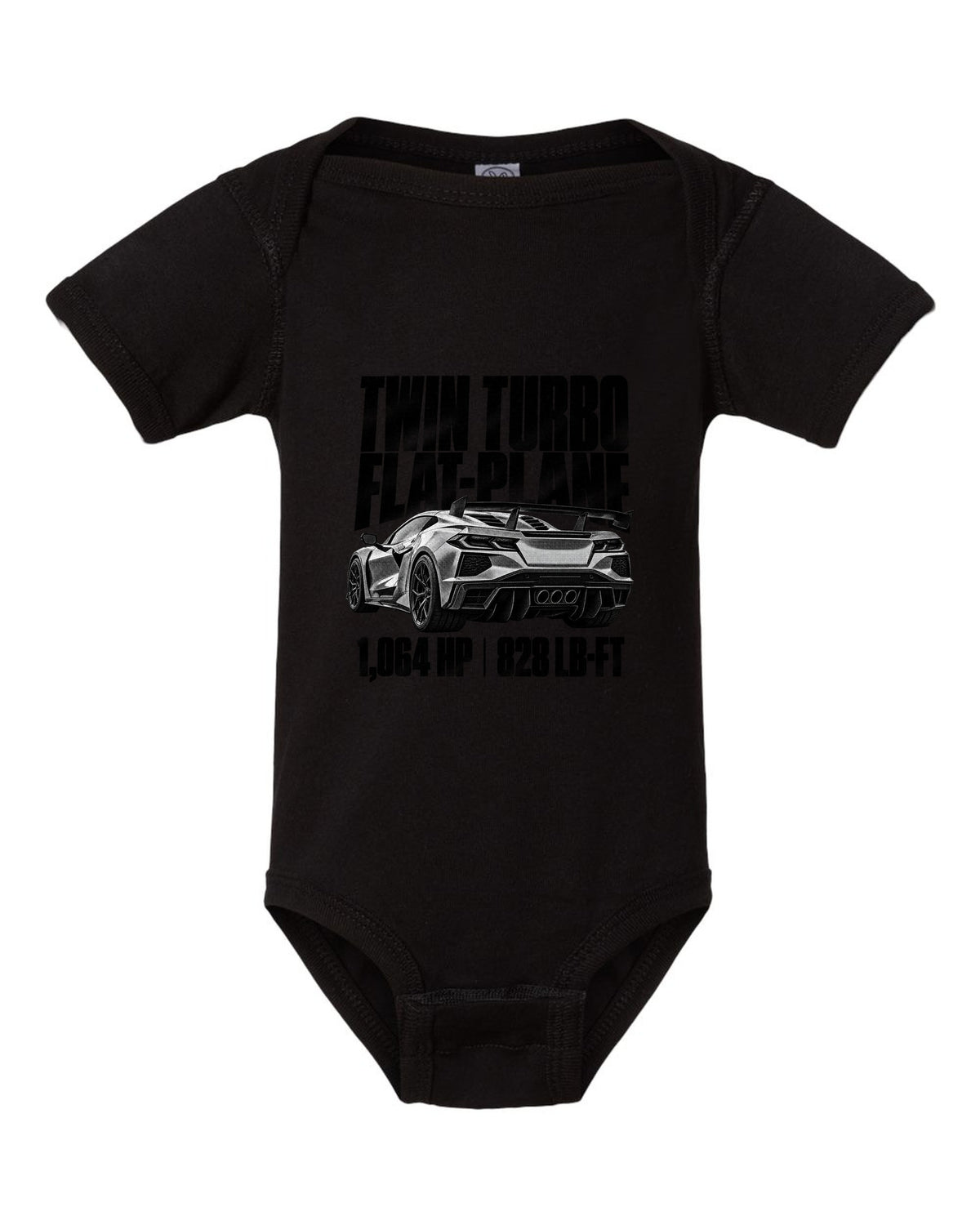 Corvette C8 ZR1 2025 hood vents and rear wing in halftone black baby onesie front view with the design