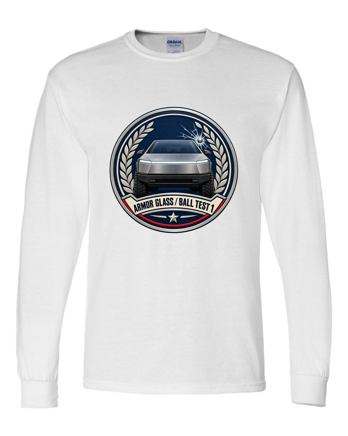 Round crest design of a 2023 Tesla Cybertruck with the words Armor Glass Ball Test 1 white long sleeve front view with the design