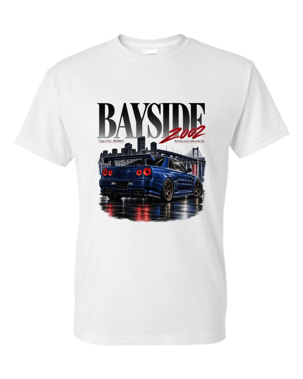 Editorial print of a Nissan Skyline GT-R R34 V-Spec II Nur rear with RB26DETT text white t-shirt front view with the design