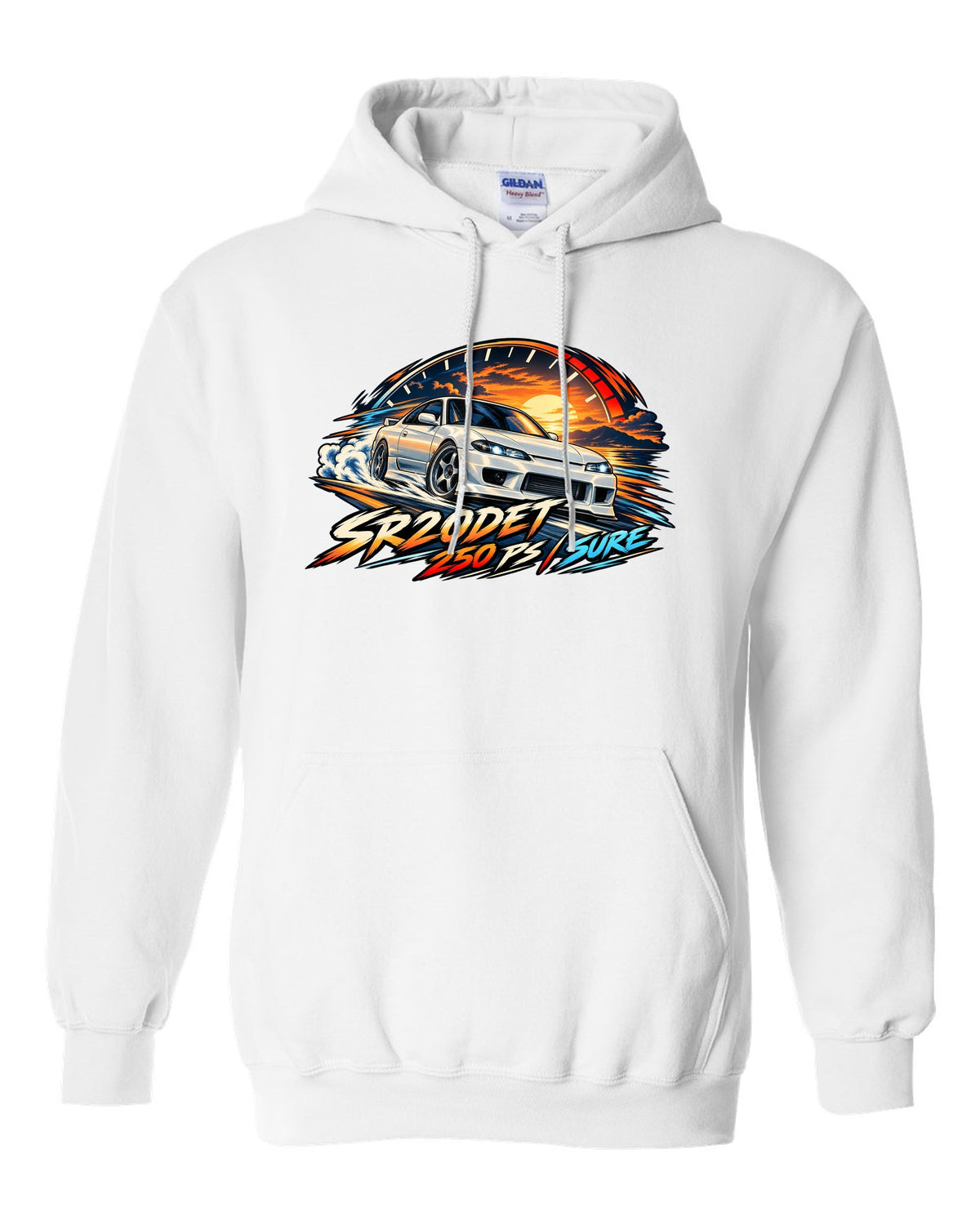 Cel-shaded anime print of a Nissan Silvia S15 with redline arc and SR20DET 250 PS text white pull over hoodie front view with the design