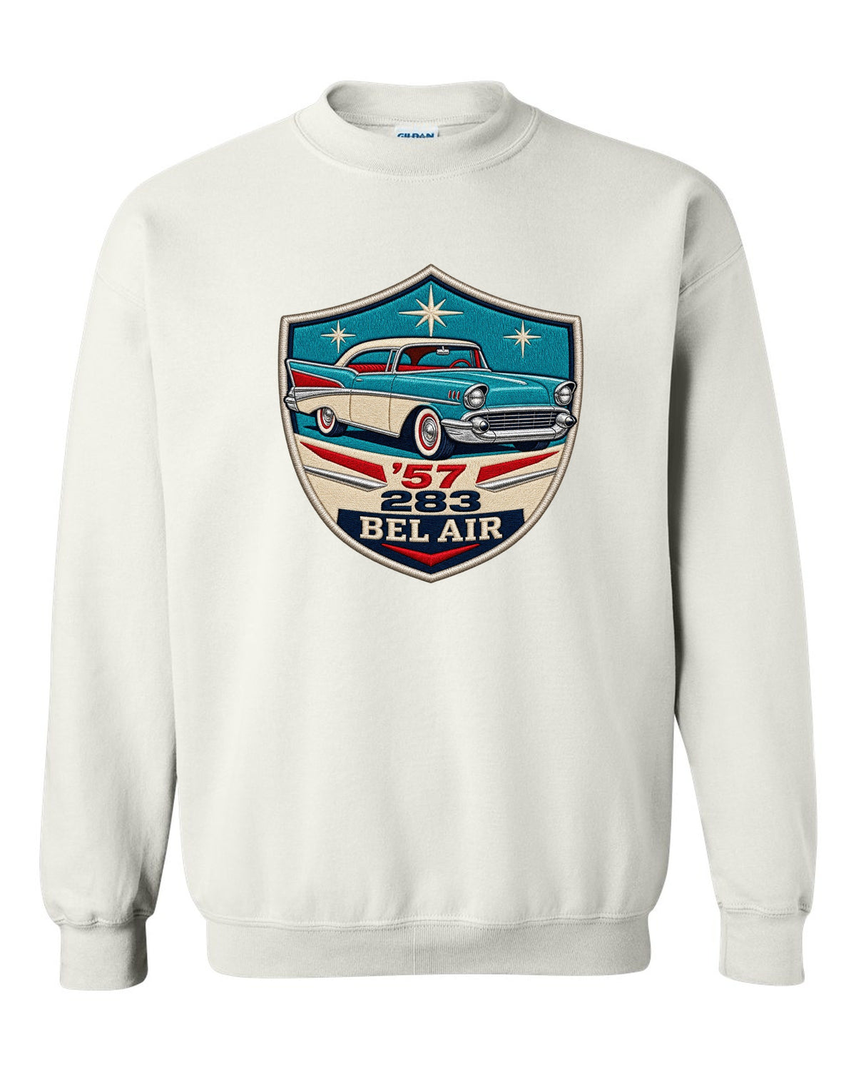 Original shield crest print for a 1957 Chevrolet Bel Air with 283 lettering white crewneck front view with the design