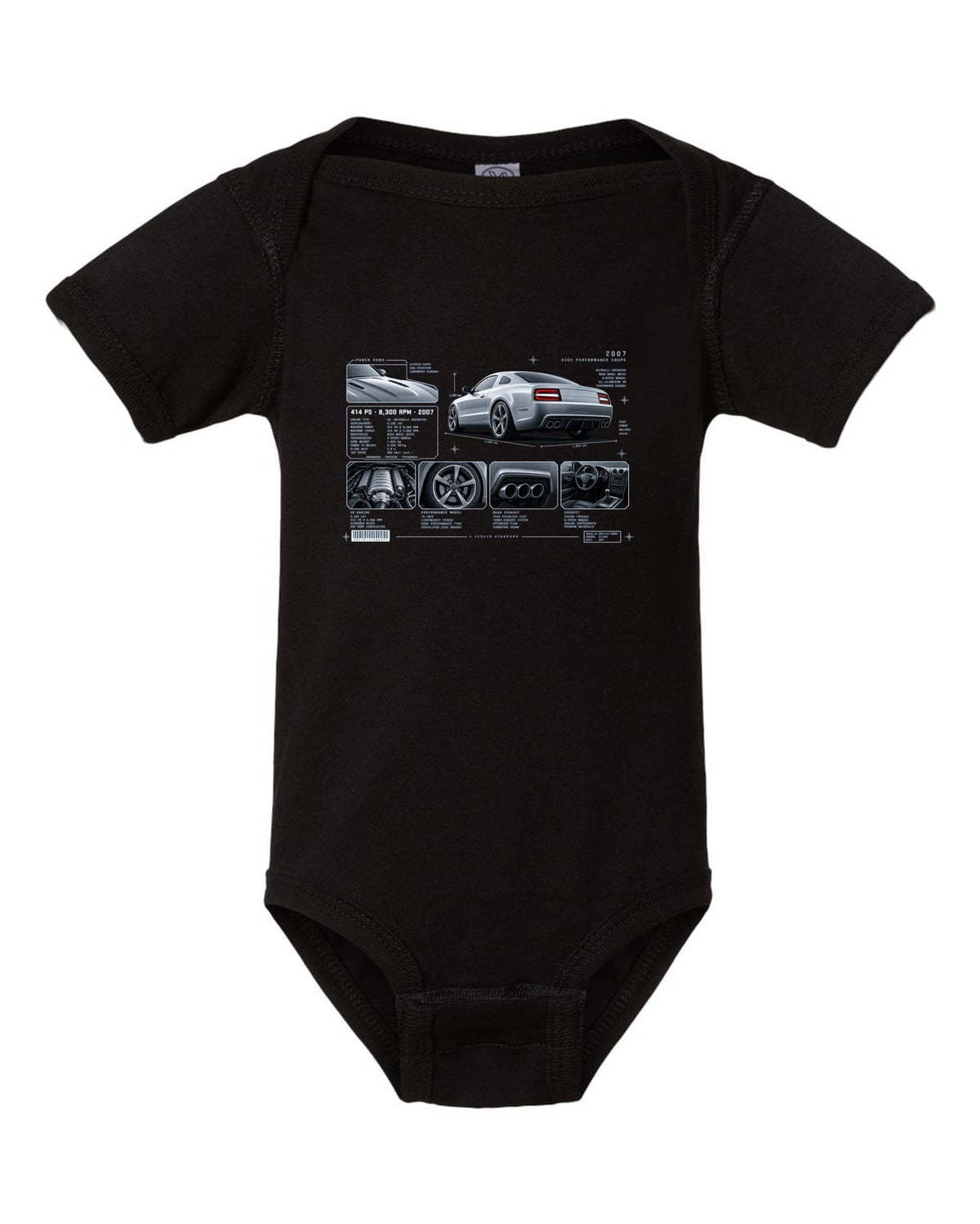 BMW E92 M3 coupe dossier panel print showing 414 PS and 8,300 RPM black baby onesie front view with the design