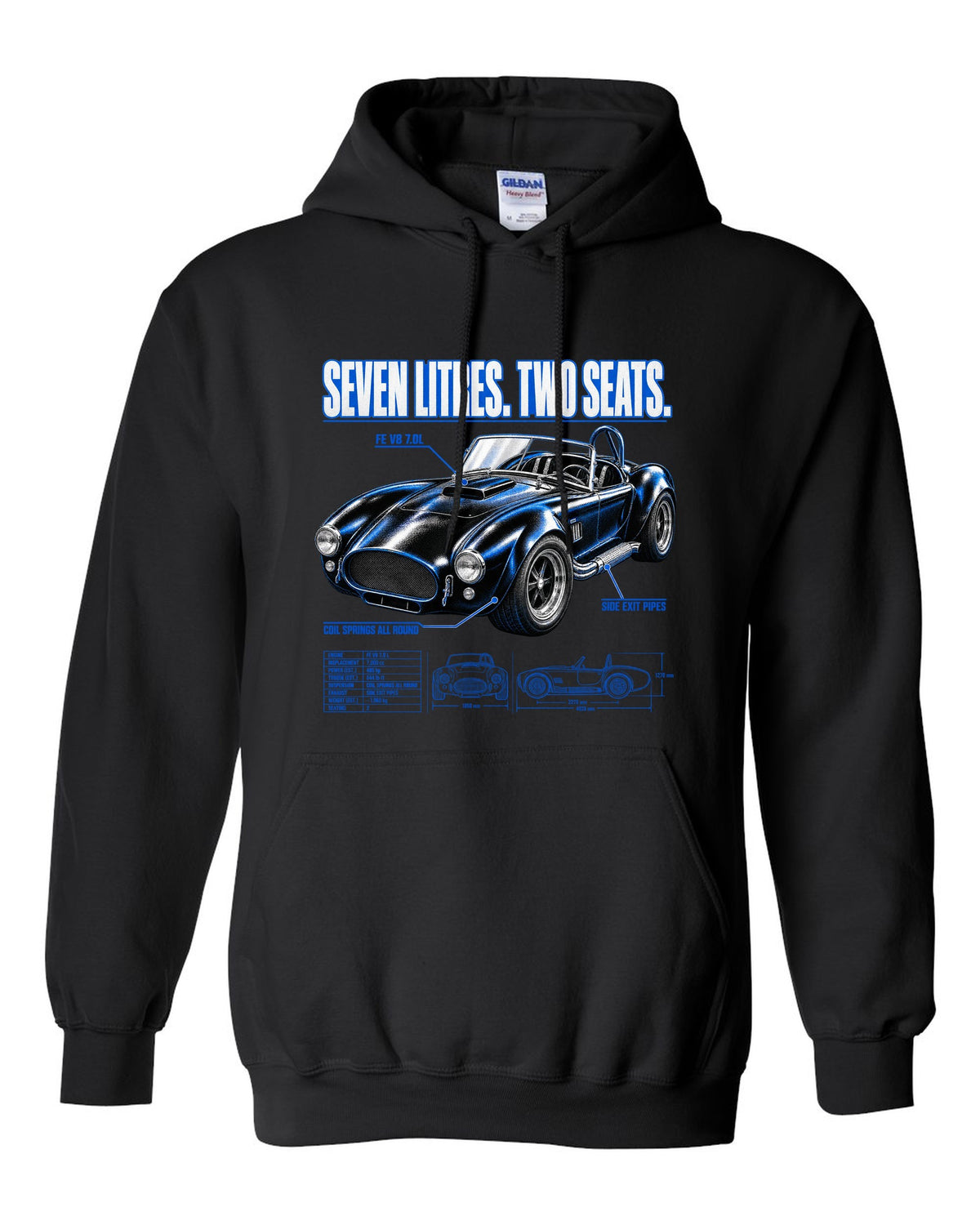 Top-down spec poster print of a 1965-1967 Shelby-style 427 roadster black pull over hoodie front view with the design