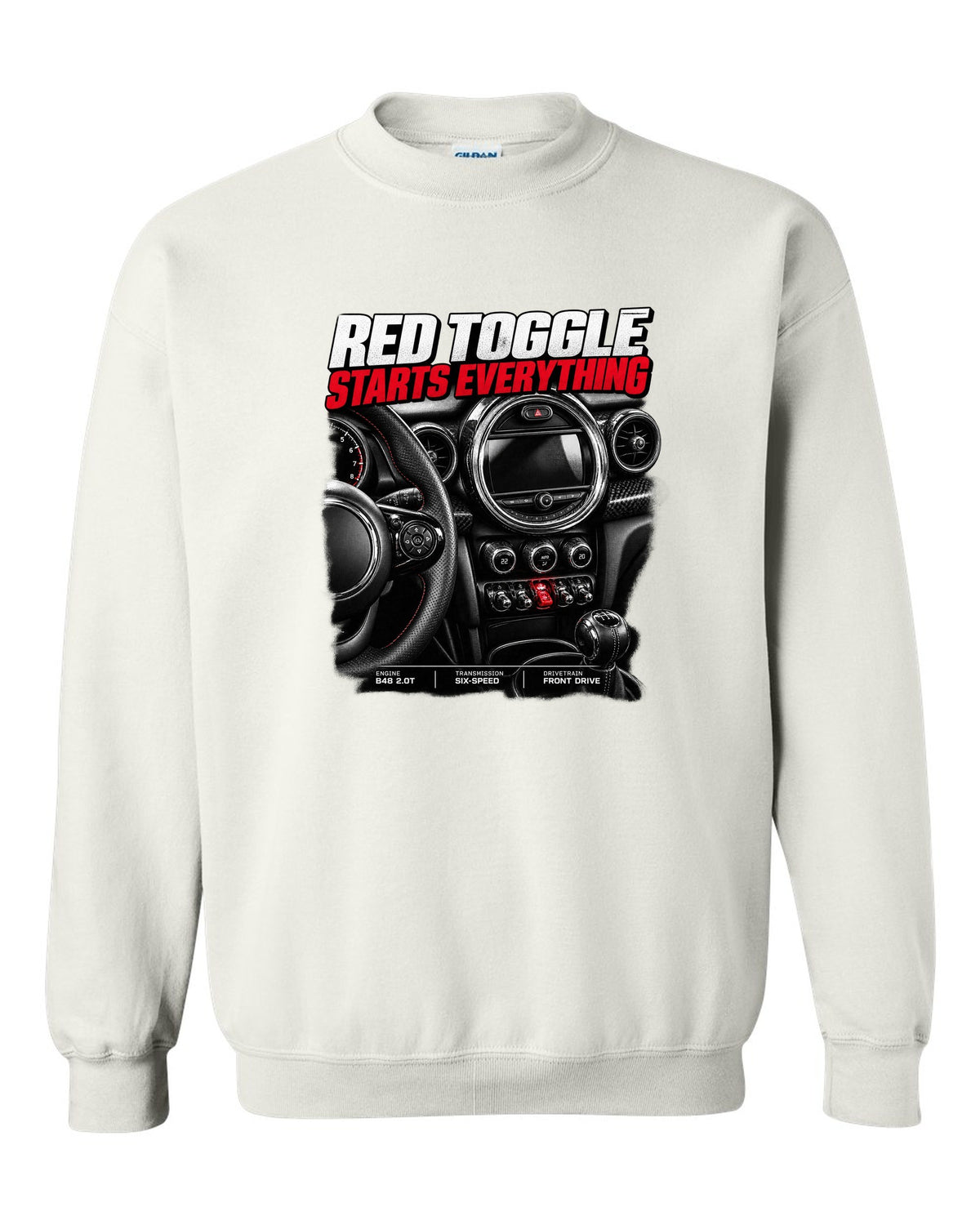 print of the Mini Cooper JCW F56 centre stack with the red toggle switch white crewneck front view with the design
