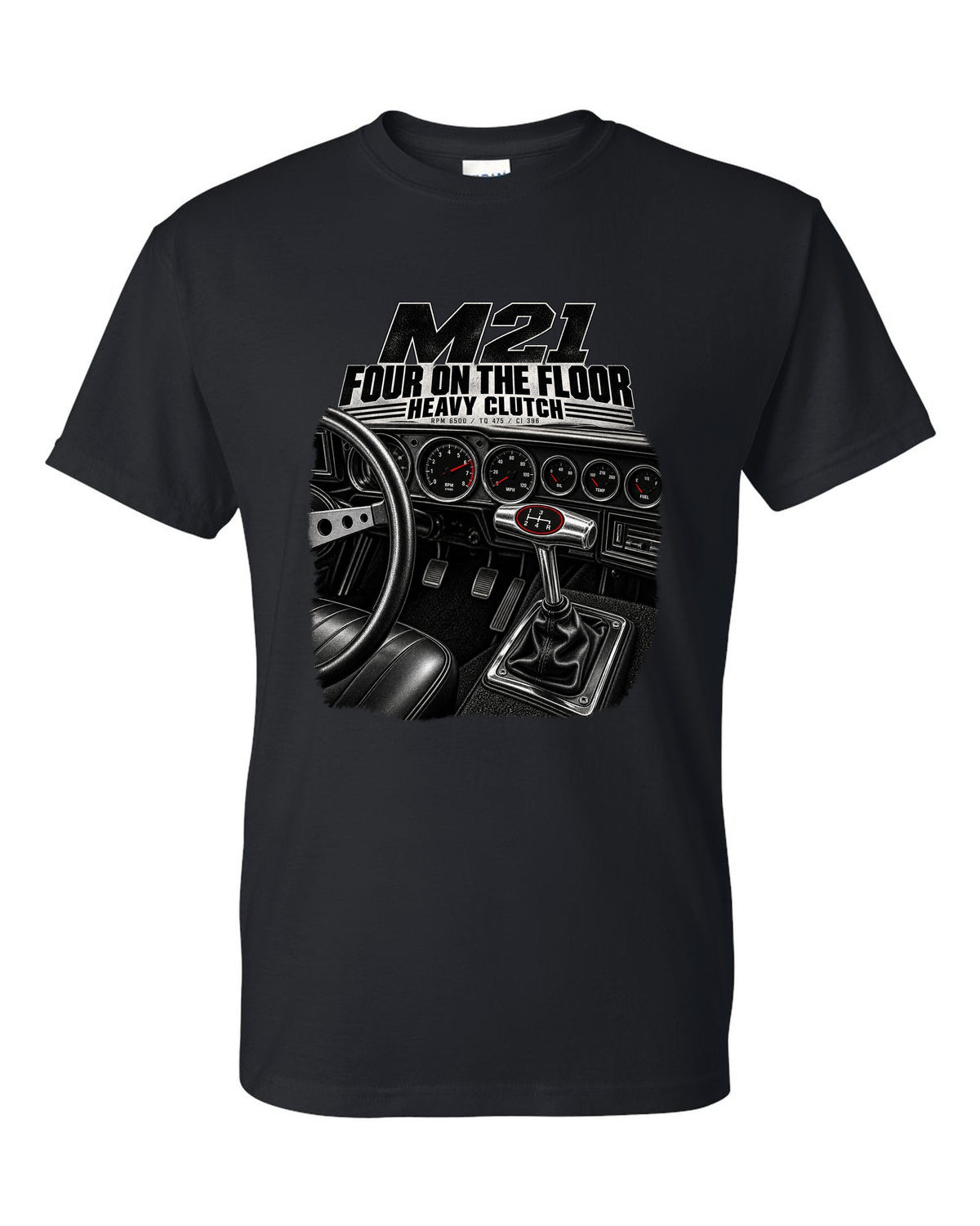 1970 Nova SS interior with Muncie four-speed shifter cockpit print black t-shirt front view with the design