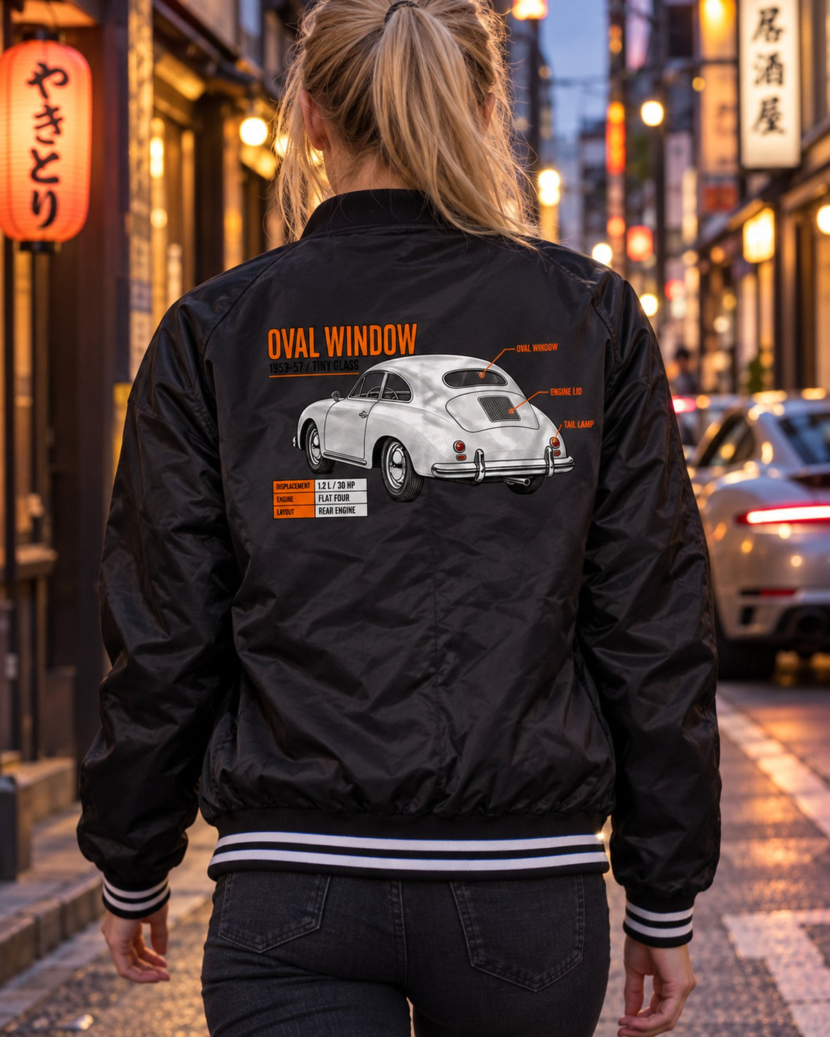 VW Beetle Oval Window 1953-57 Spec Poster Shirt, Car Tee Bomber Jacket Black worn hero