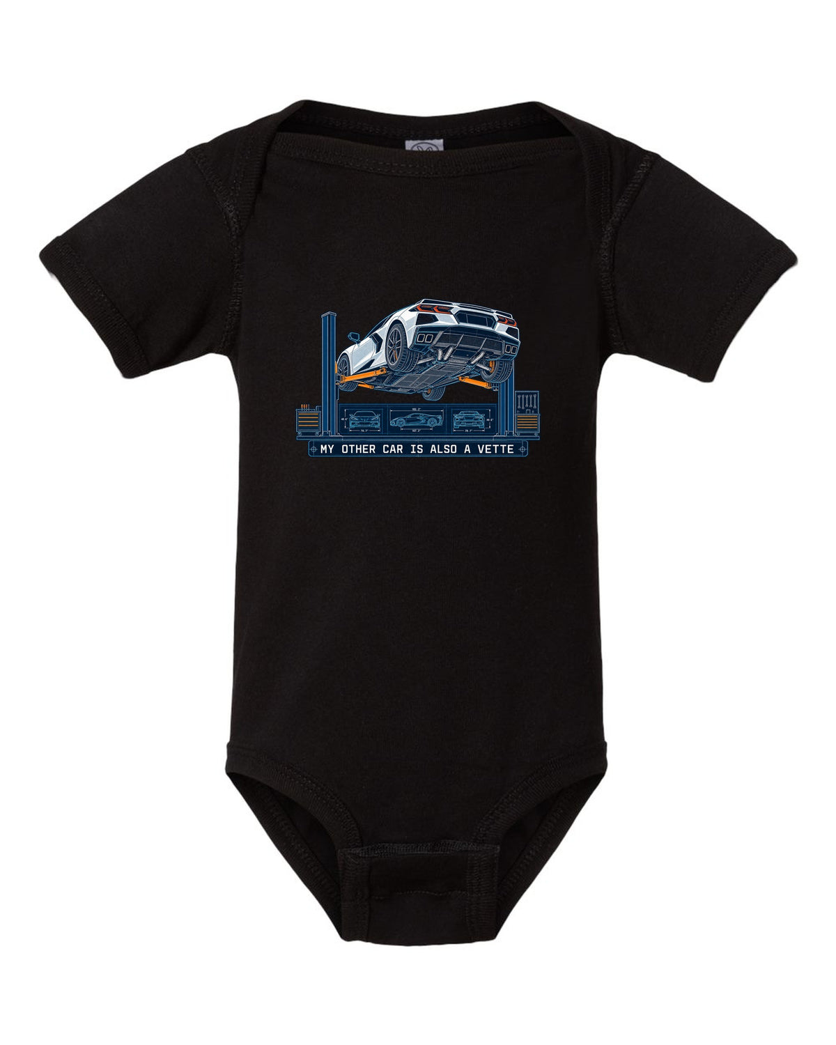 Blueprint line art of a 2020 Chevrolet Corvette C8 Stingray on a workshop lift black baby onesie front view with the design