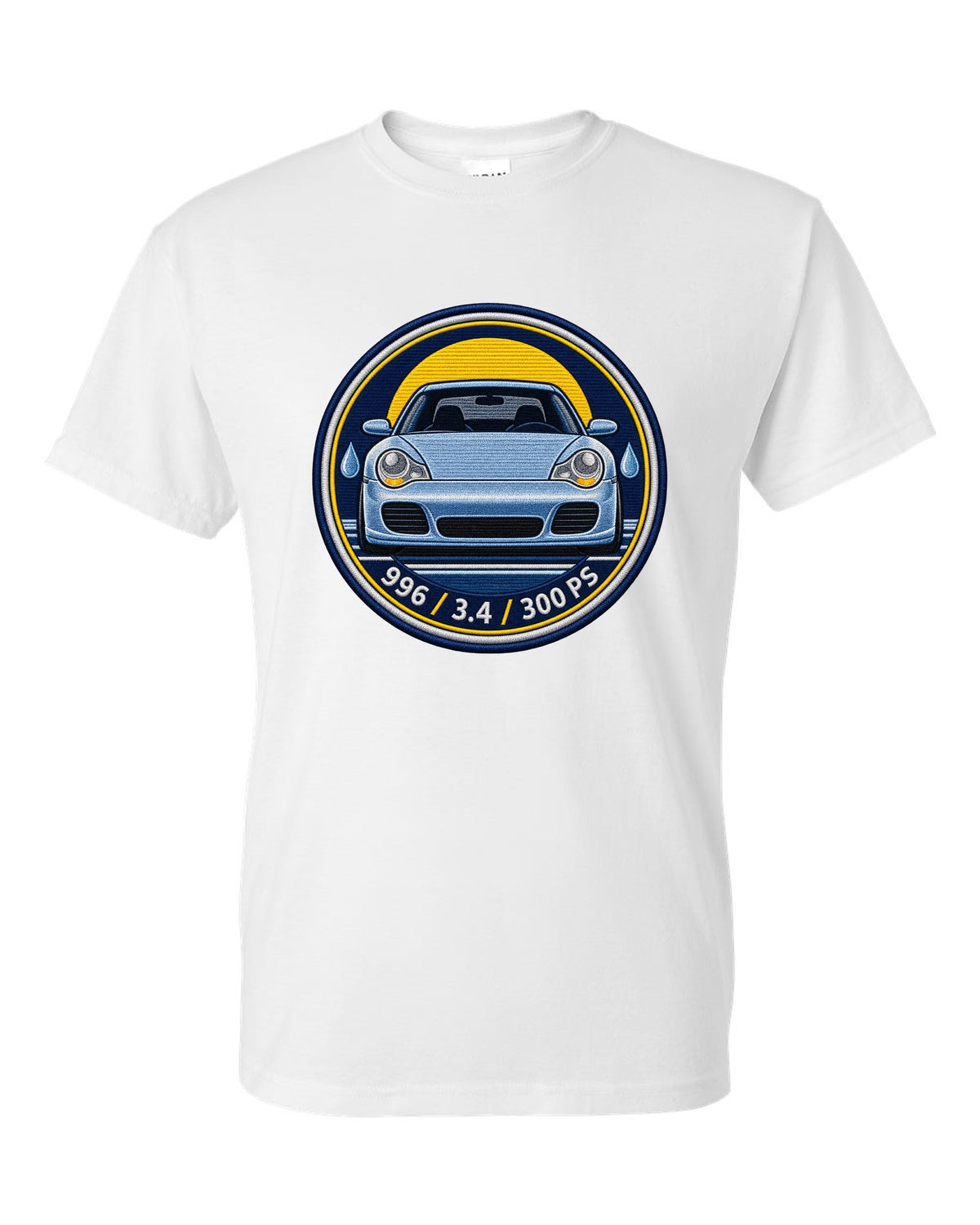 Round crest print of a 2004 Porsche 911 Carrera 997 with the text 997, 3.6 and 325 PS white t-shirt front view with the design