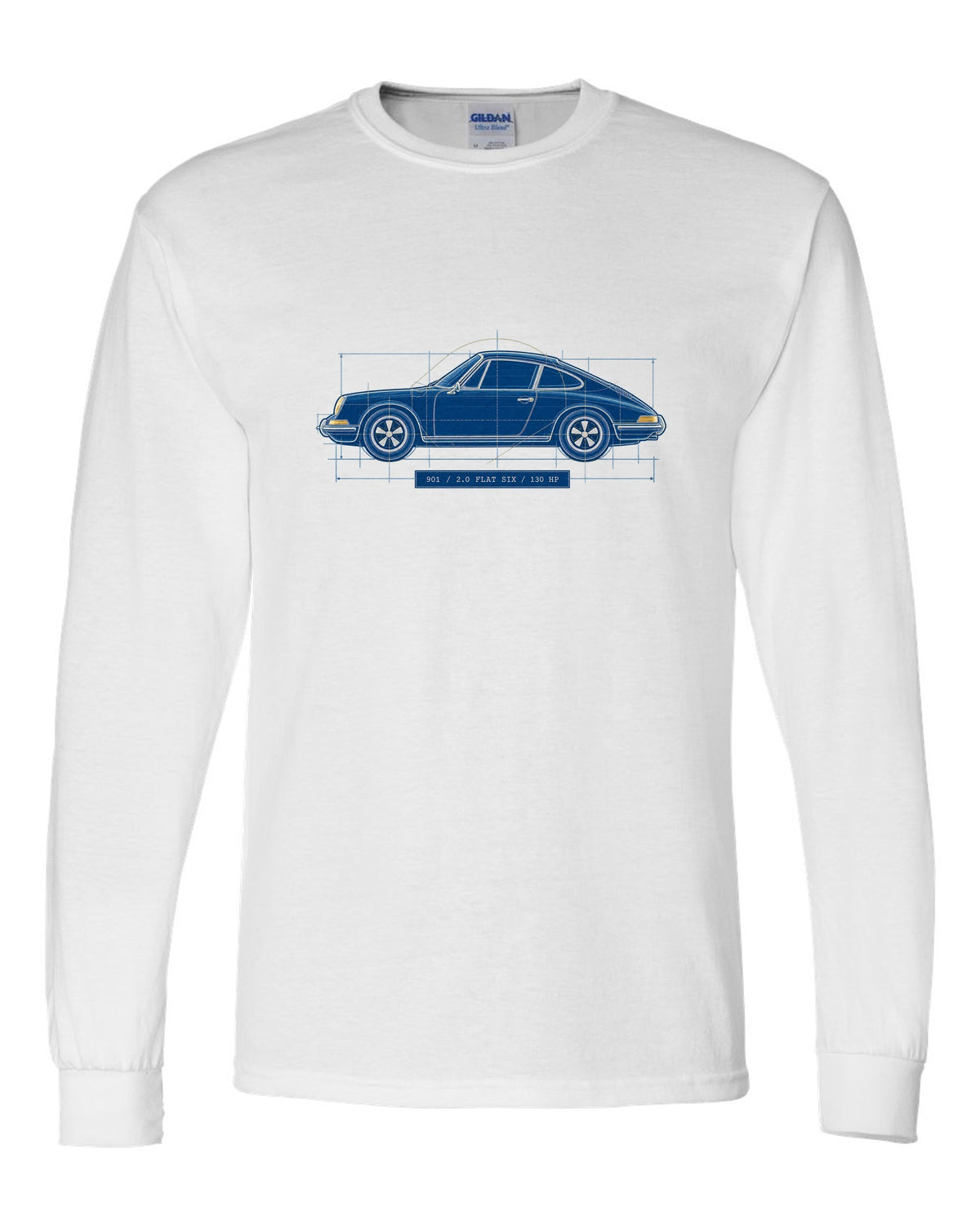 Porsche 911 901 1964 Cyanotype Blueprint Profile white long sleeve front view with the design