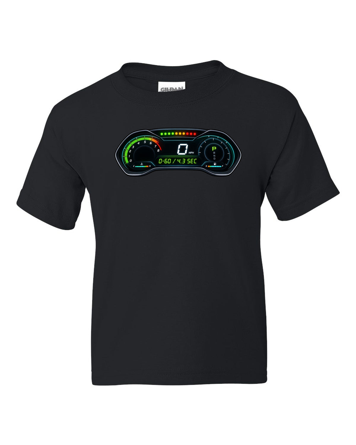 Retro manga halftone panel print of an S550 Mustang fastback doing a line lock burnout black kids tee front view with the design