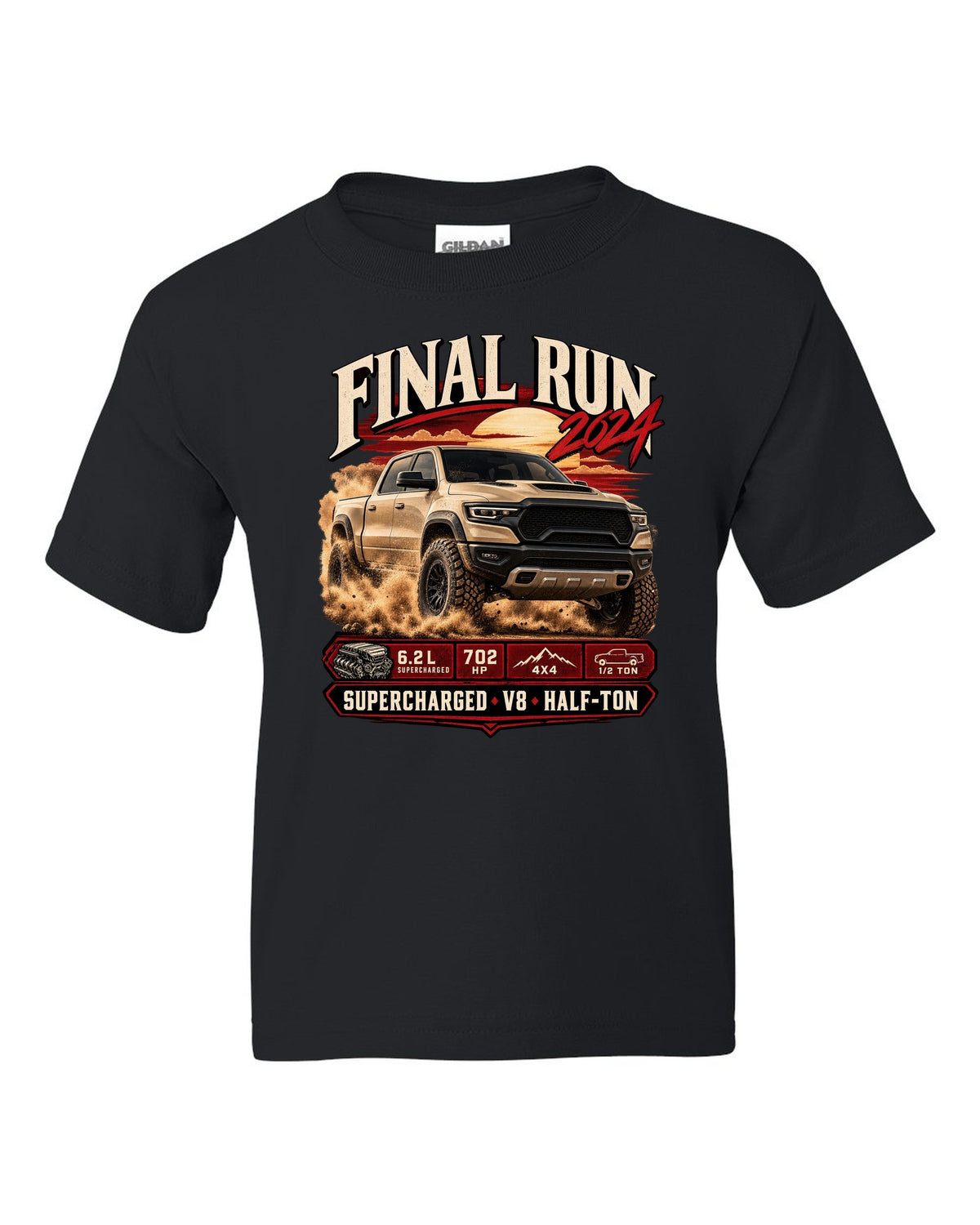 Archive panel print of a 2024 Ram 1500 TRX Final Edition with final run and supercharged V8 text black kids tee front view with the design
