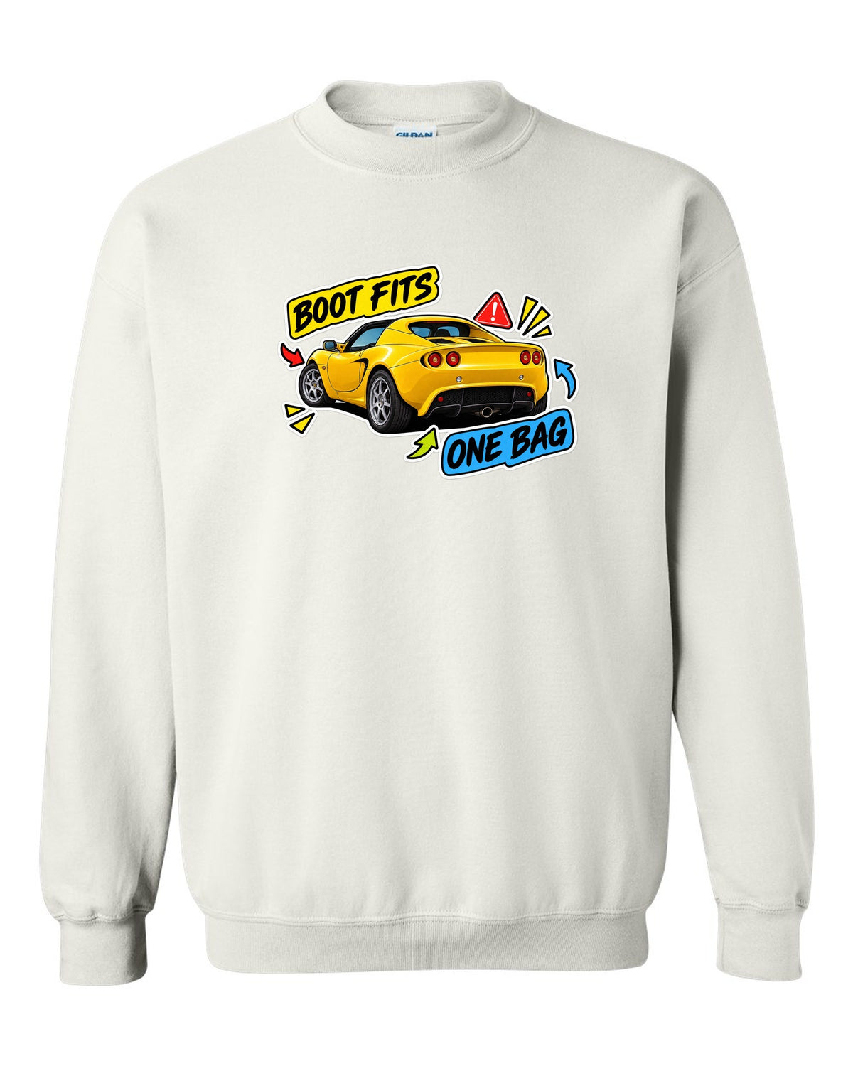 Lotus Elise S2 sticker bomb collage with BOOT FITS ONE BAG lettering white crewneck front view with the design