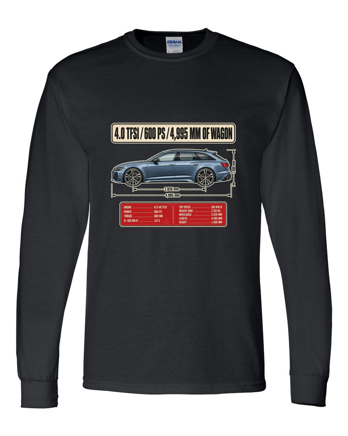 Audi RS6 Avant C8 wagon dimension blueprint print black long sleeve front view with the design