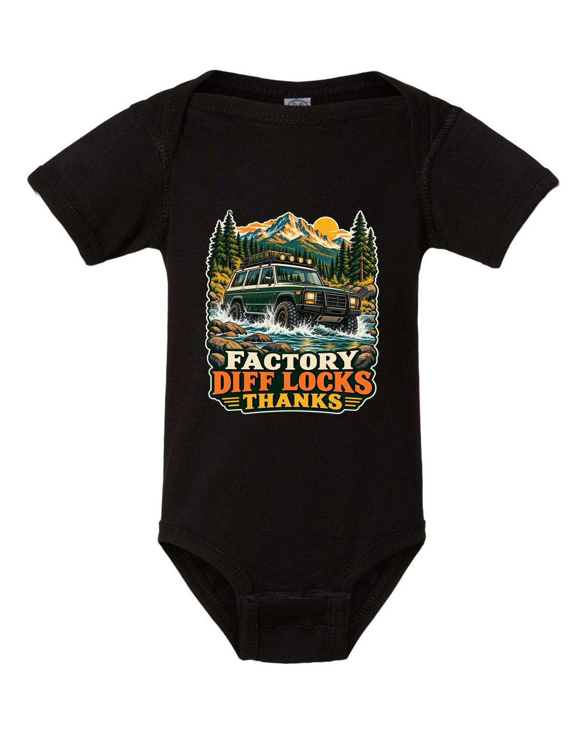 Retro national park poster of a Toyota Land Cruiser FZJ80 crossing a river with diff locks lettering black baby onesie front view with the design