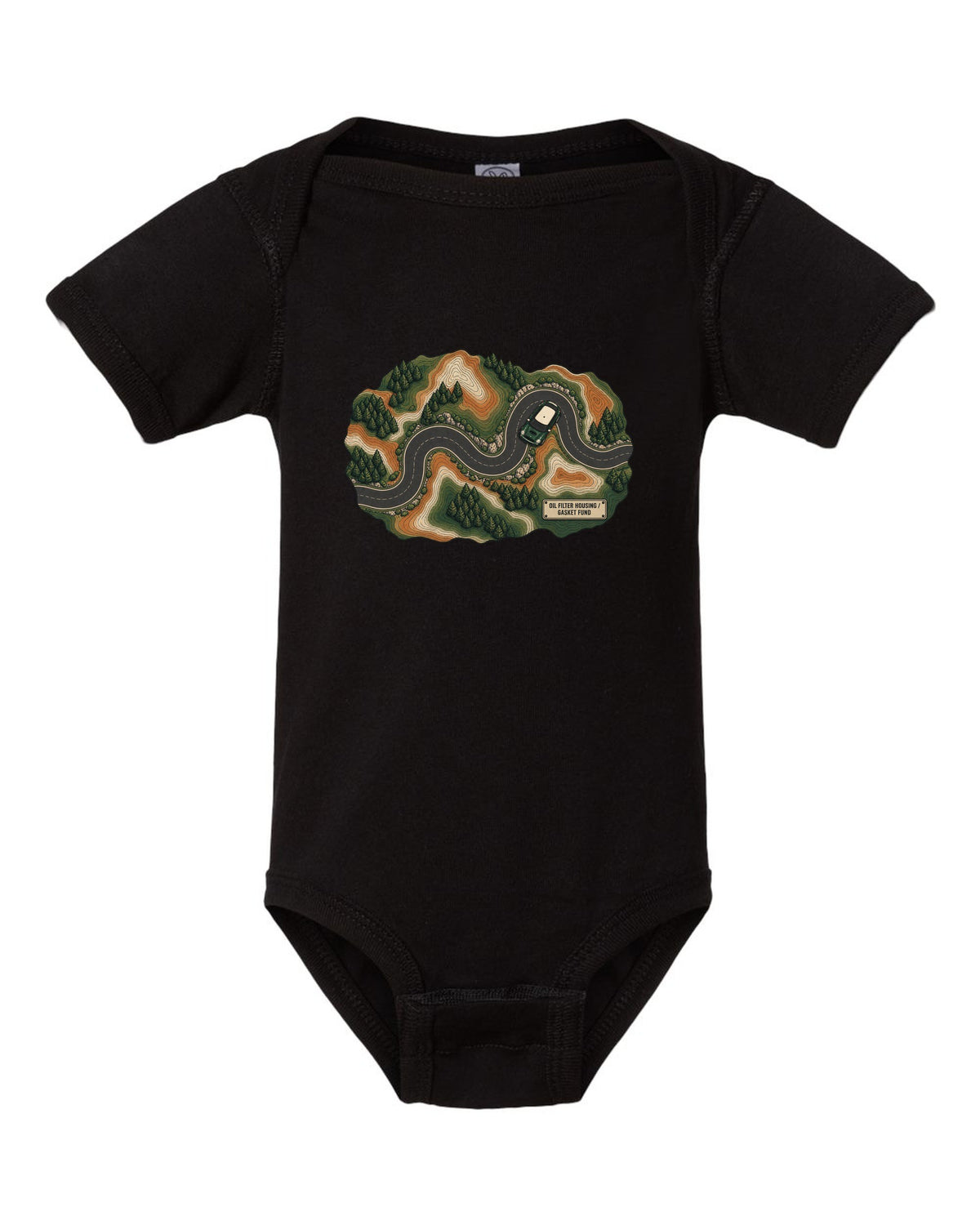 Topographic route map design of a Mini Cooper S R56 with gasket fund text black baby onesie front view with the design
