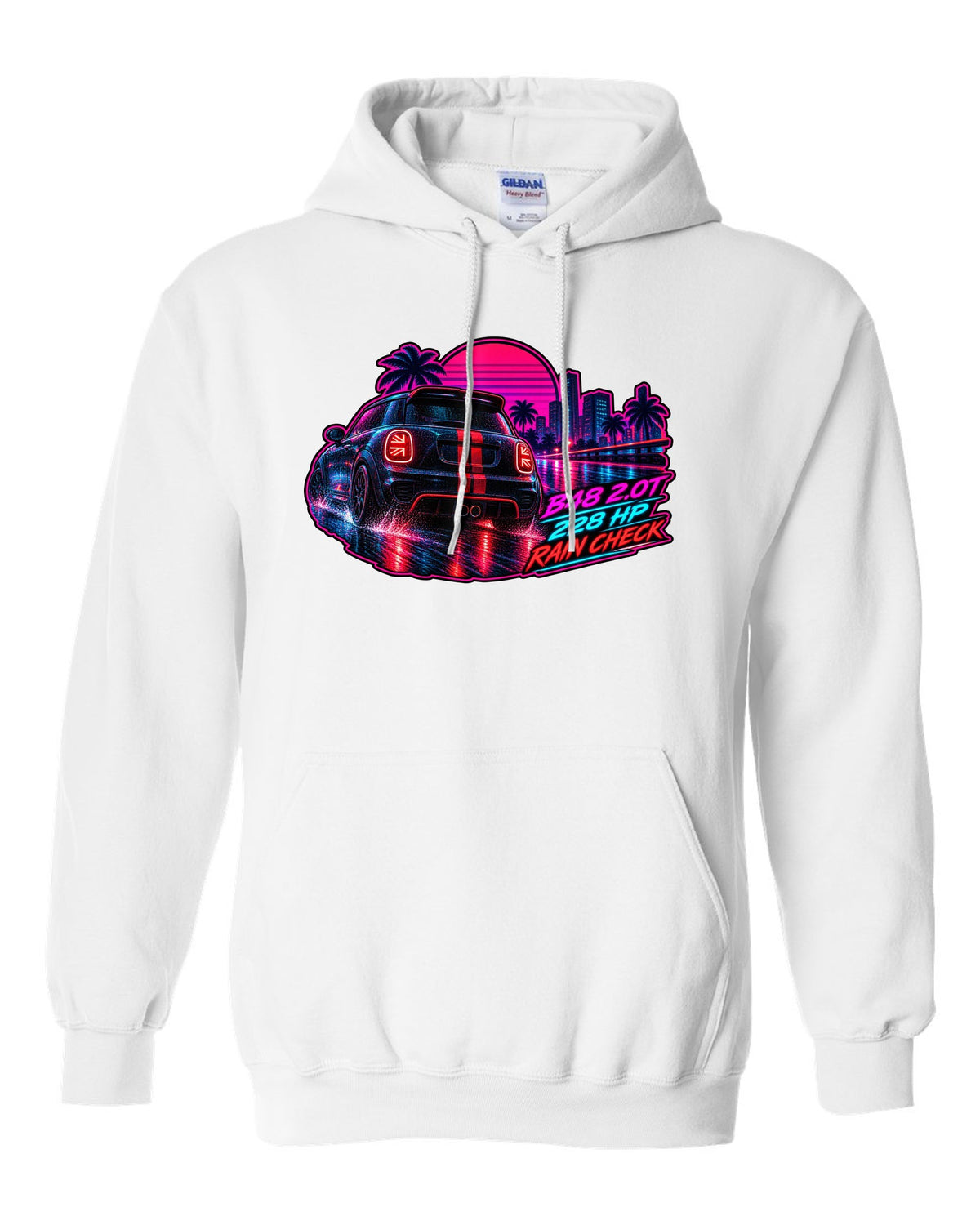 Synthwave print of a Mini JCW F56 rear with Union Jack tail lights and B48 228 HP text white pull over hoodie front view with the design