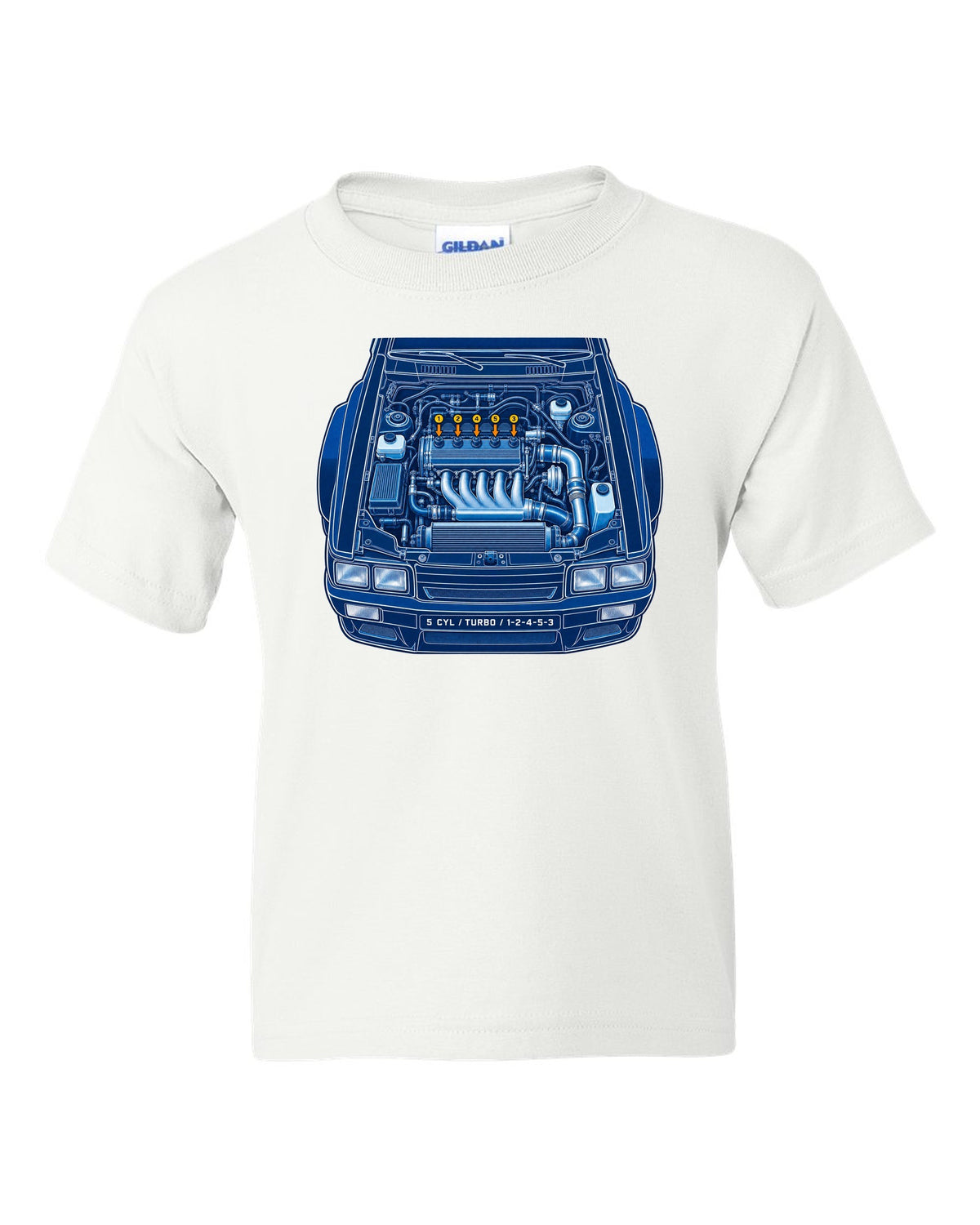 Cyanotype blueprint print of an Audi Ur-Quattro Type 85 with firing order text white kids tee front view with the design