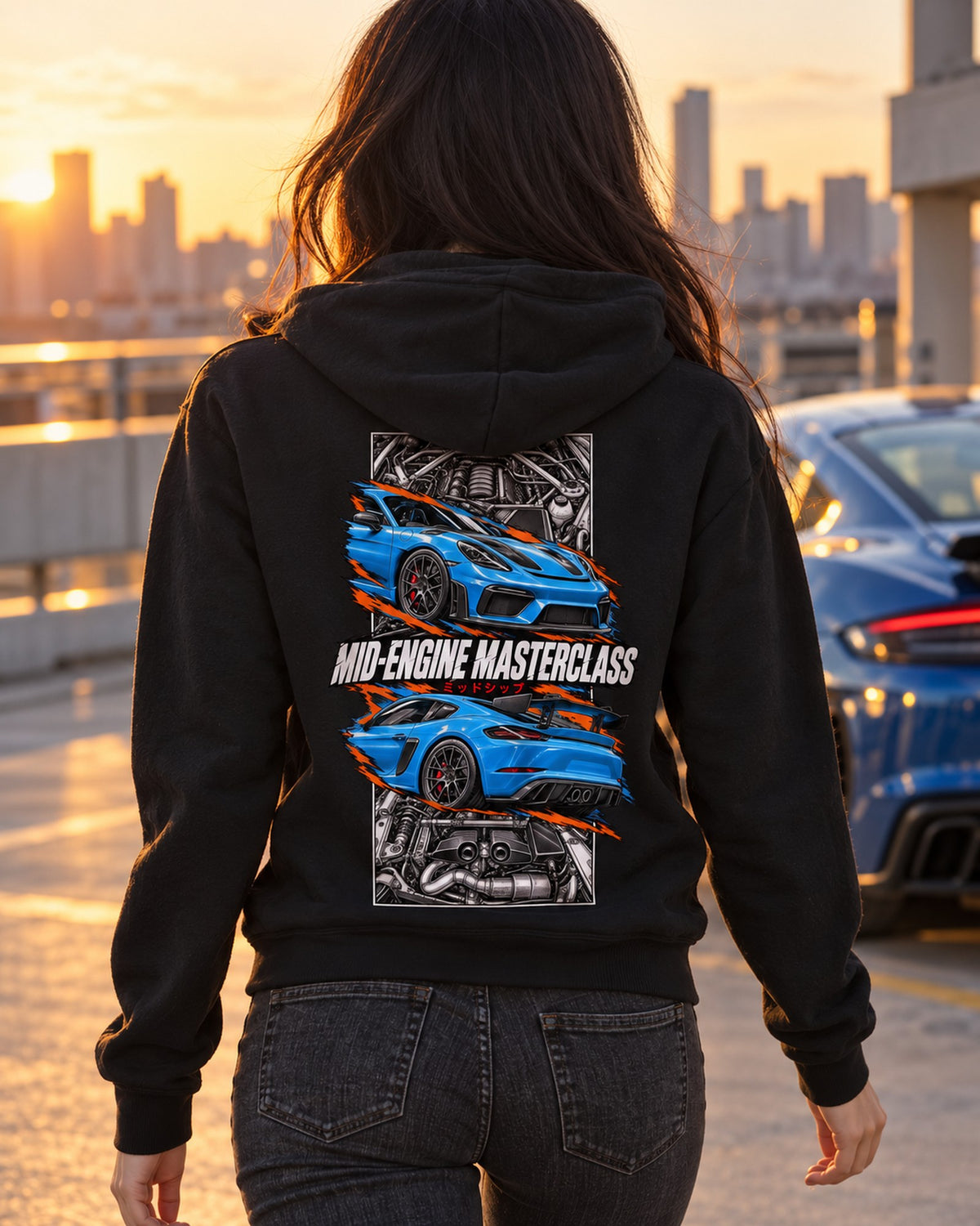 Porsche 718 Gt4 Torn Poster Full-Back Graphic Tee Zip Hoodie Black worn hero
