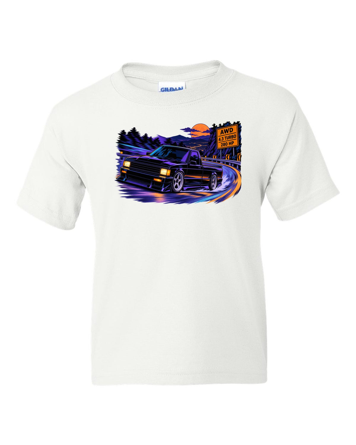 Cel-shaded anime night mountain road print of a 1991 GMC Syclone with AWD 4.3 turbo 280 HP lettering white kids tee front view with the design