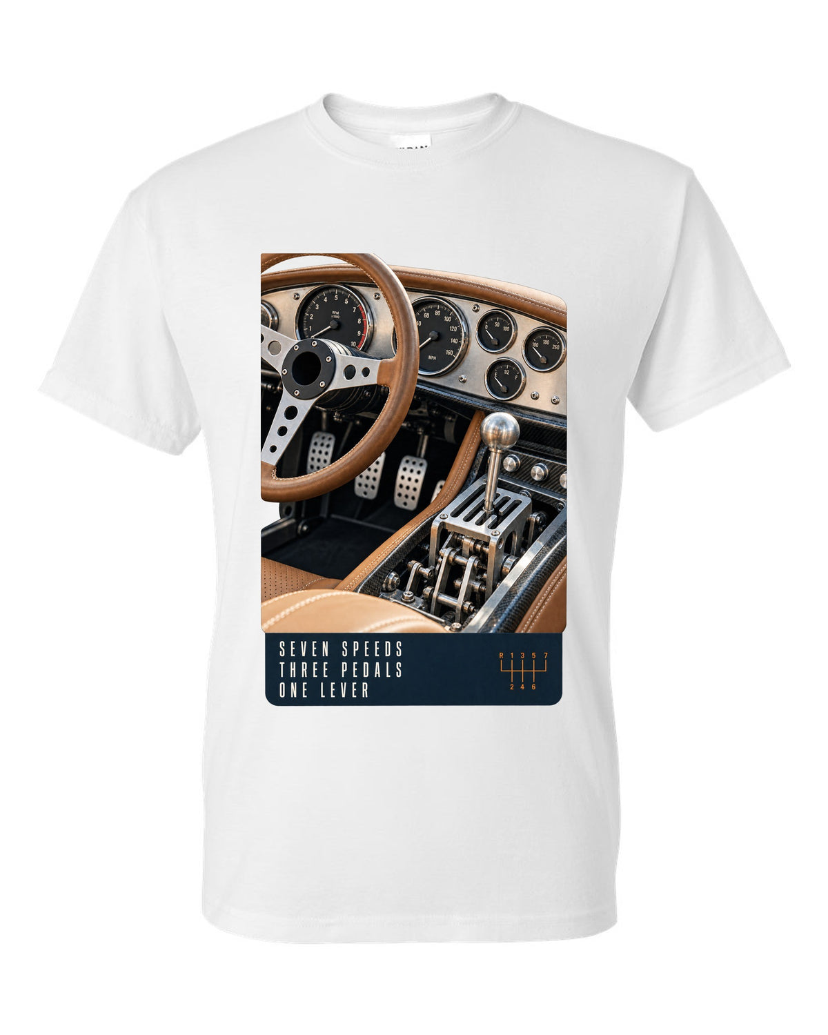 print of the Pagani Utopia manual cockpit and gated shifter white t-shirt front view with the design