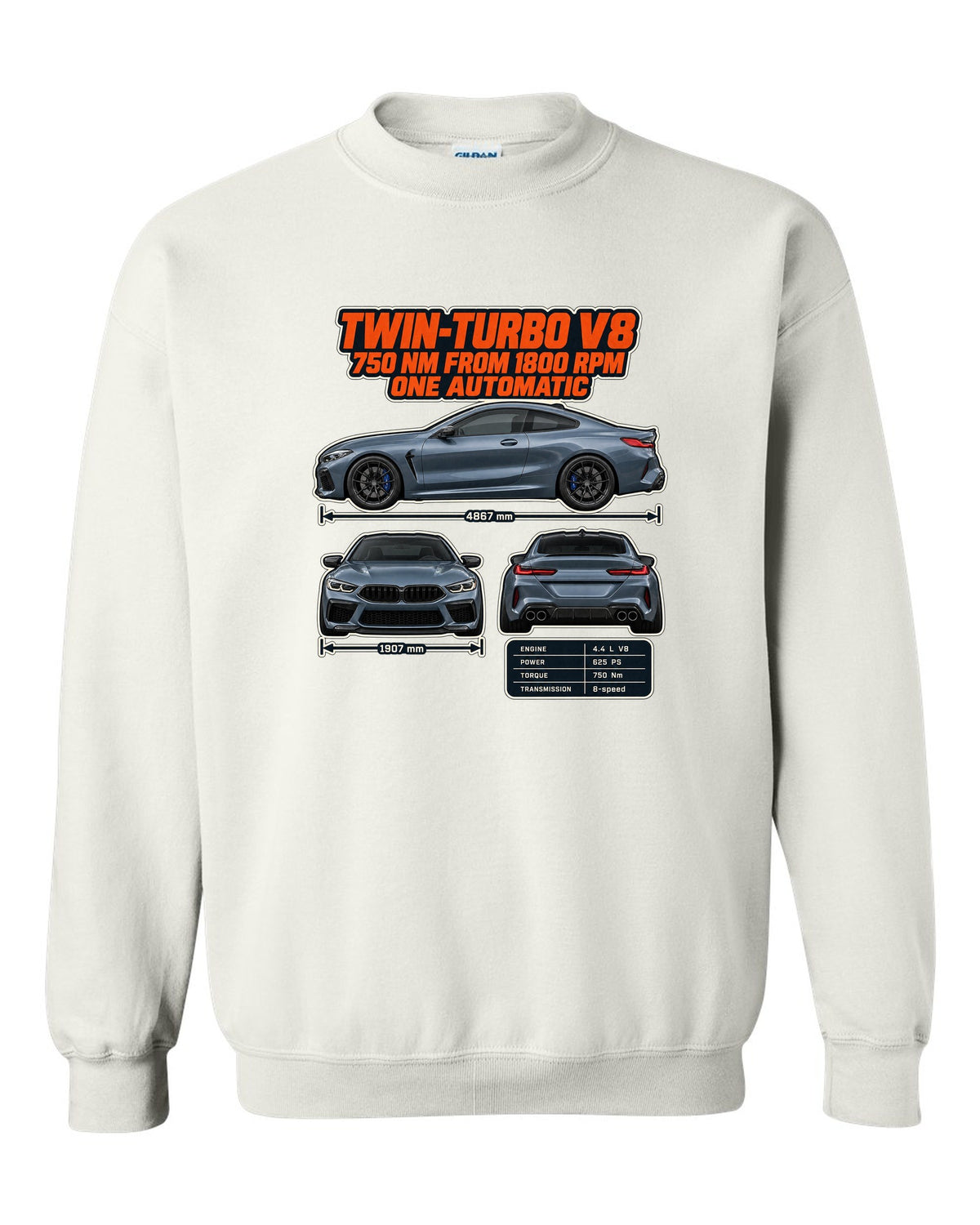 BMW M8 Competition Coupe F92 three-view and spec table print on a tee white crewneck front view with the design