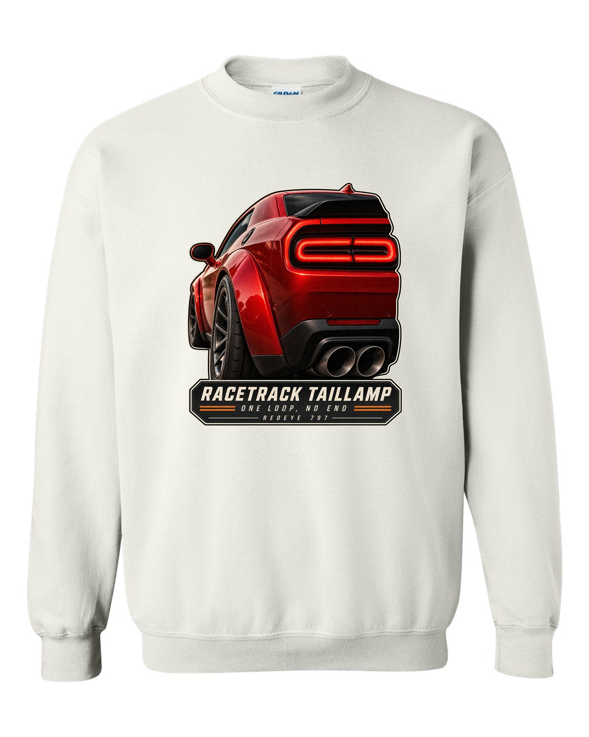 Dodge Challenger Hellcat Redeye Widebody racetrack taillamp macro print white crewneck front view with the design