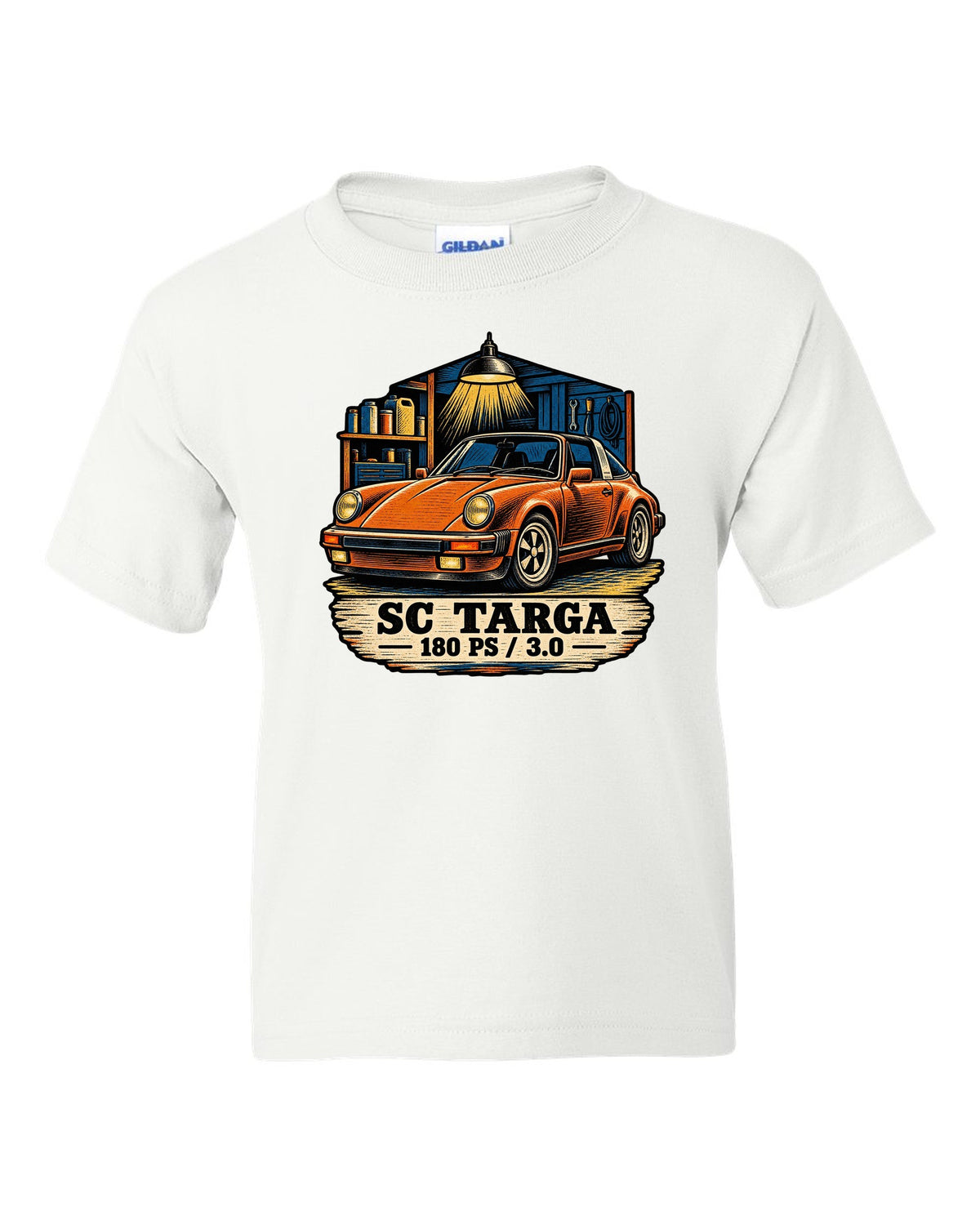 Blueprint line art print of a Porsche 356 A 1.6 L flat-four engine with the text 1600, 60 HP and fan on top white kids tee front view with the design