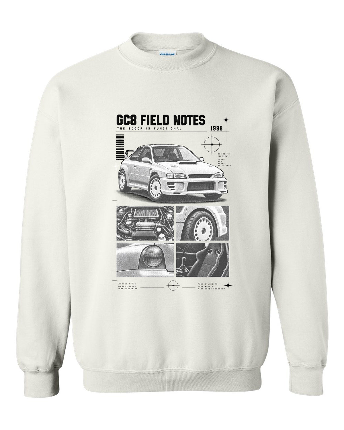 Subaru Impreza WRX GC8 coupe 1998 field notes dossier panels white crewneck front view with the design