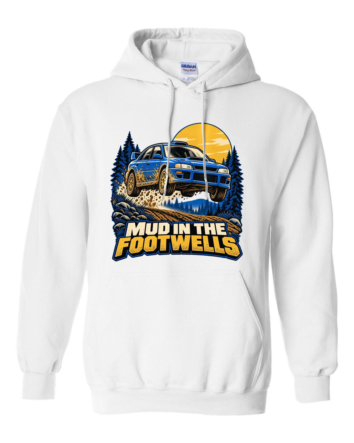 Comic halftone pop-art of a Subaru WRX STI GRB chback doing a burnout white pull over hoodie front view with the design