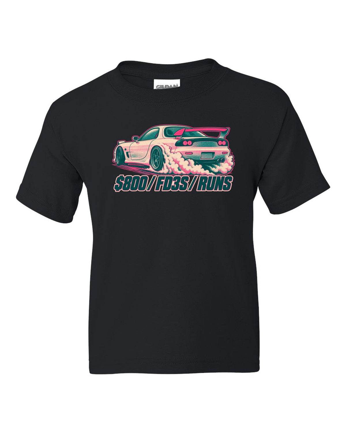 Geometric op-art rotor housing design for the Mazda RX-7 FD3S with 654 CC X 2 / NO PISTONS lettering black kids tee front view with the design